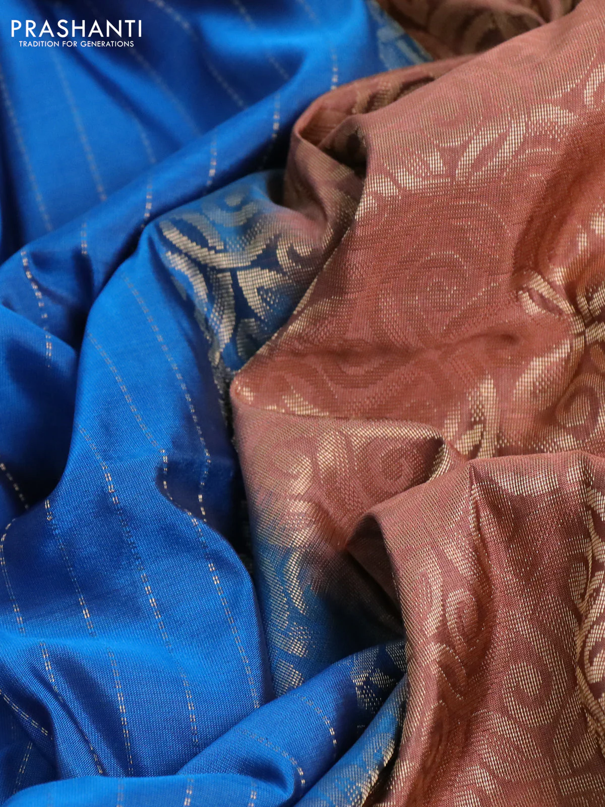 Kanchipuram soft silk saree peacock blue and pastel brown with allover zari weaves and piping border - Image 3