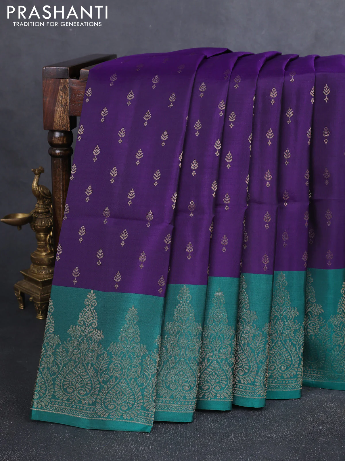 Kanchipuram soft silk saree peacock blue and peacock green with allover zari woven buttas and long zari woven border