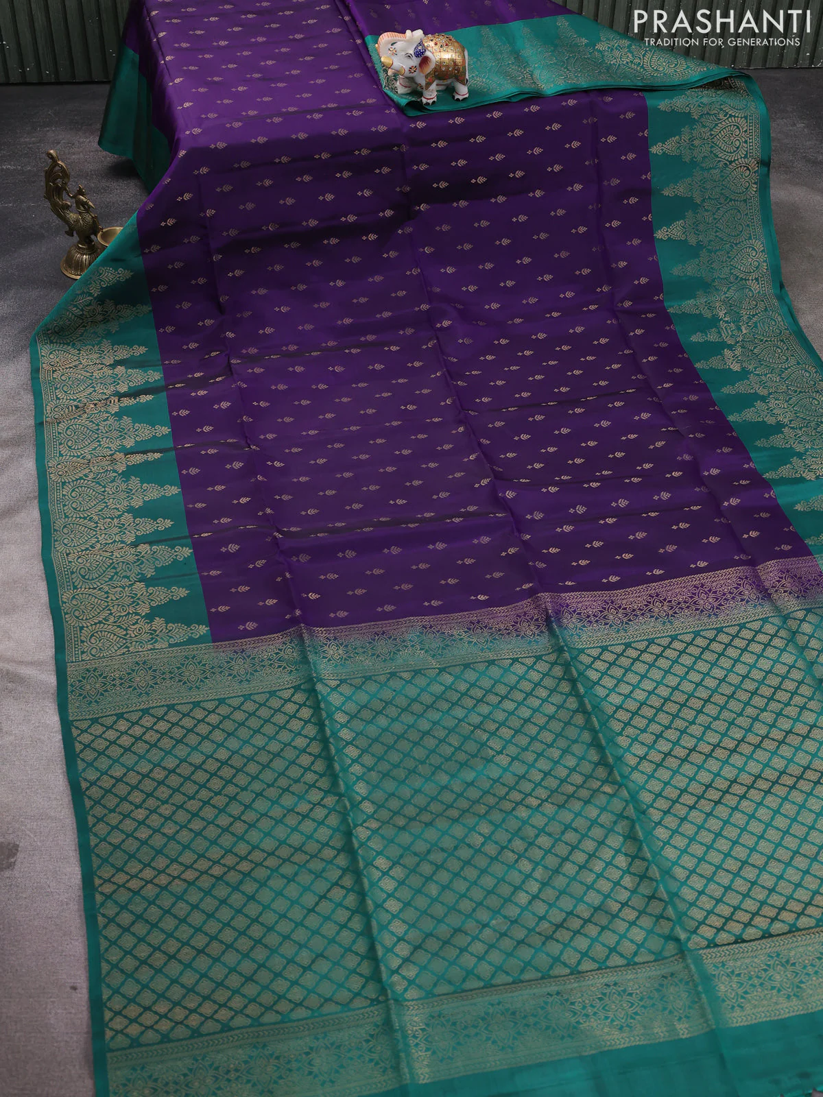 Kanchipuram soft silk saree peacock blue and peacock green with allover zari woven buttas and long zari woven border - Image 2
