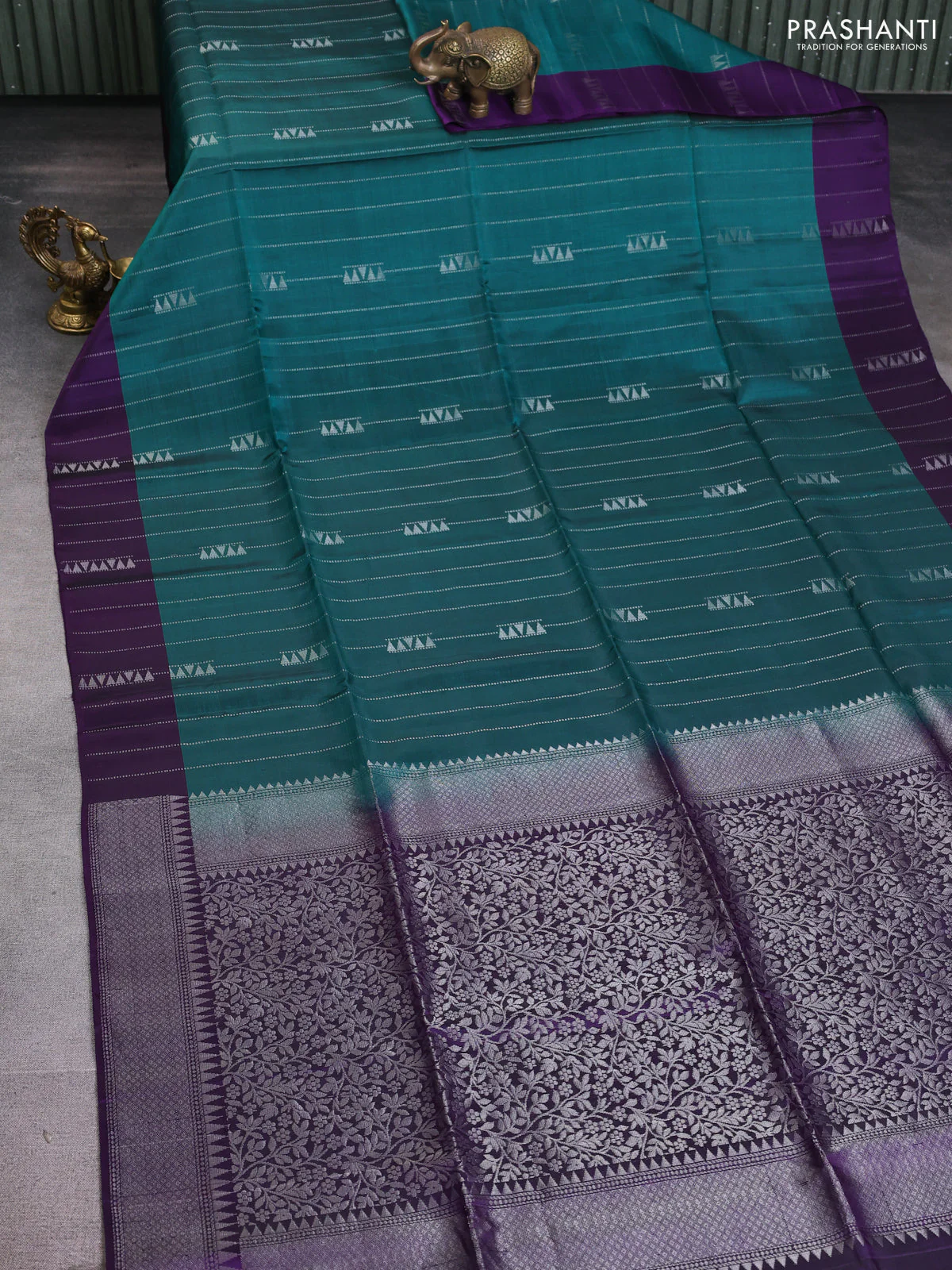 Kanchipuram soft silk saree peacock blue and violet with allover silver zari weaves and silver zari woven border - Image 2