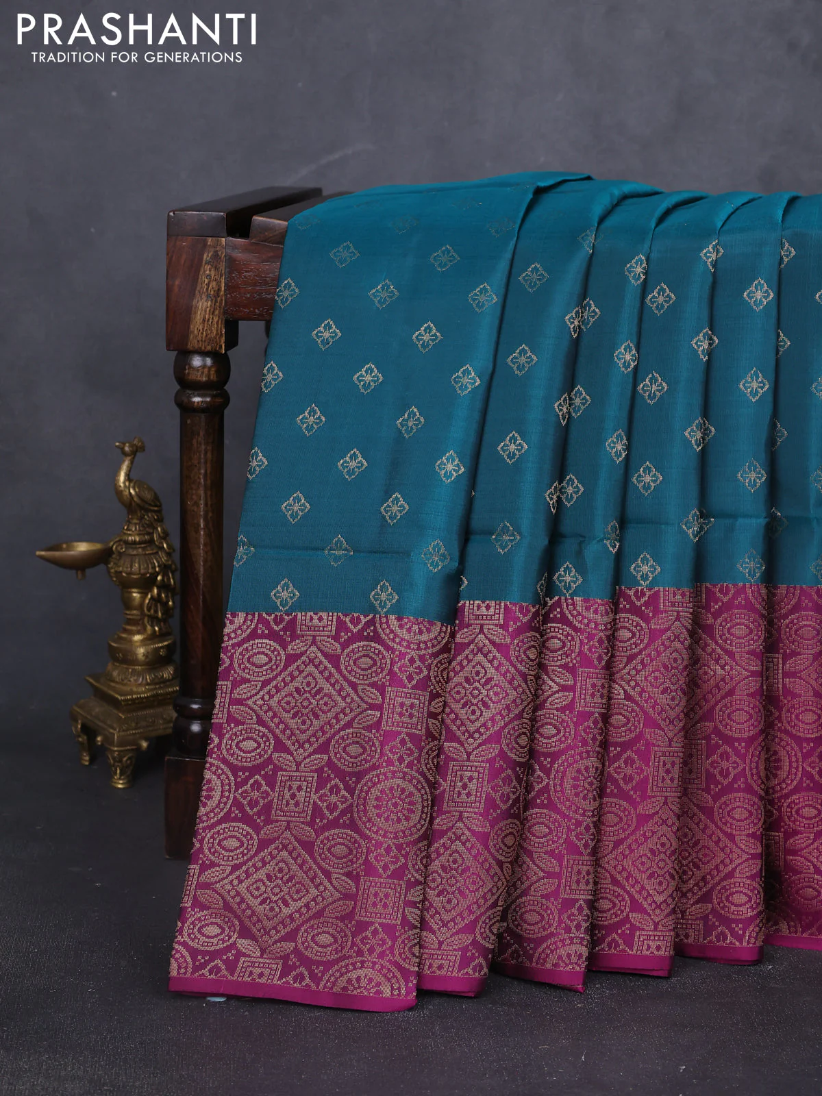 Kanchipuram soft silk saree peacock green and magenta pink with allover zari woven buttas and long zari woven border
