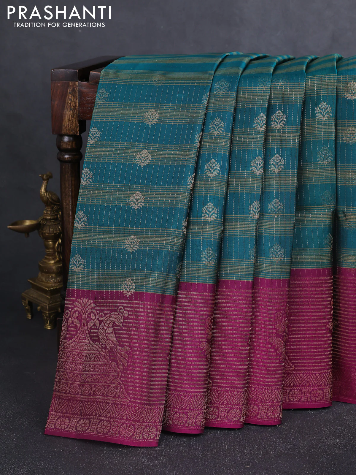 Kanchipuram soft silk saree peacock green and pink with allover zari stripes & buttas and long zari woven butta border