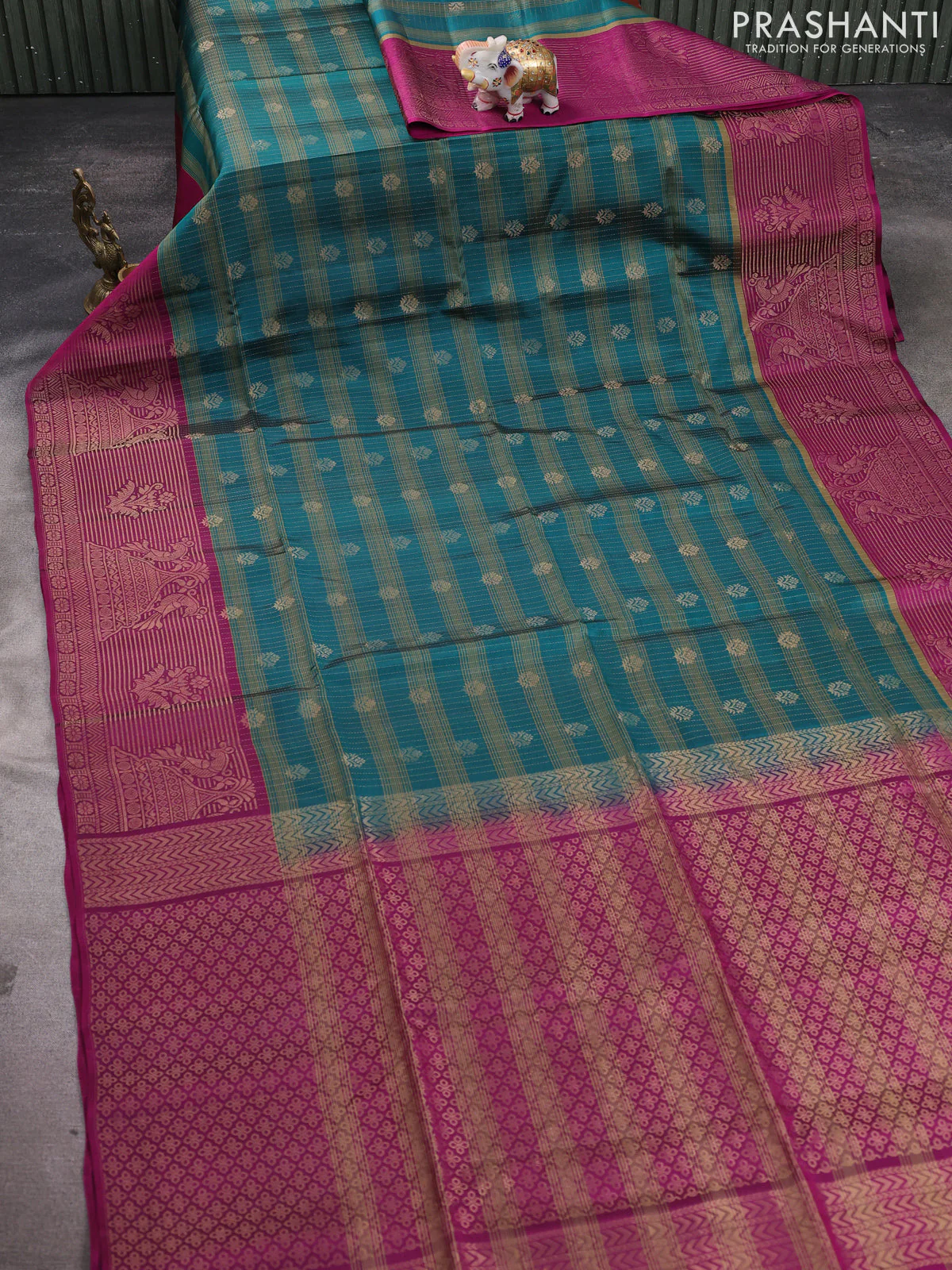 Kanchipuram soft silk saree peacock green and pink with allover zari stripes & buttas and long zari woven butta border - Image 2