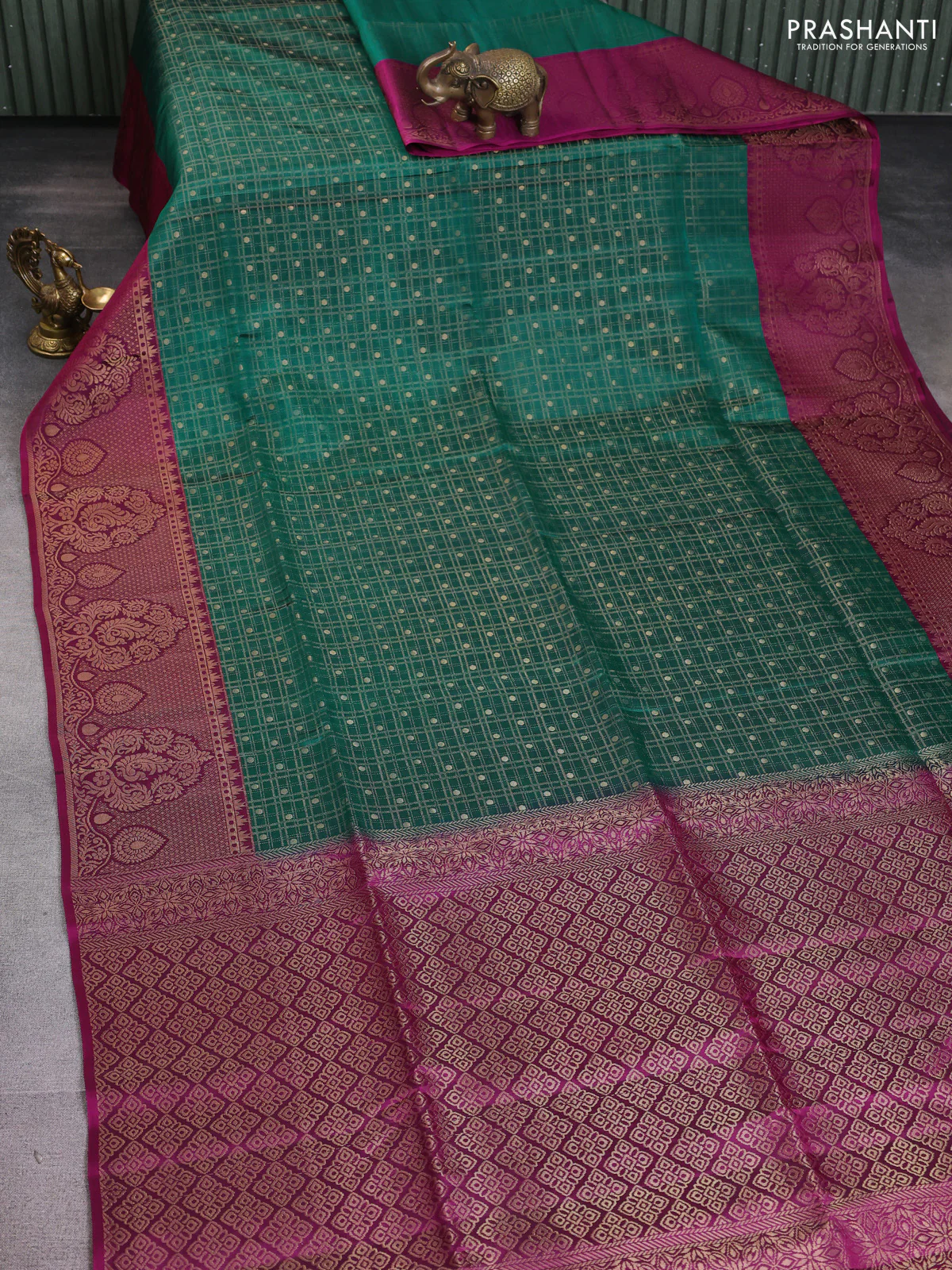 Kanchipuram soft silk saree peacock green and purple with allover small zari checks & buttas and rich zari woven border - Image 2