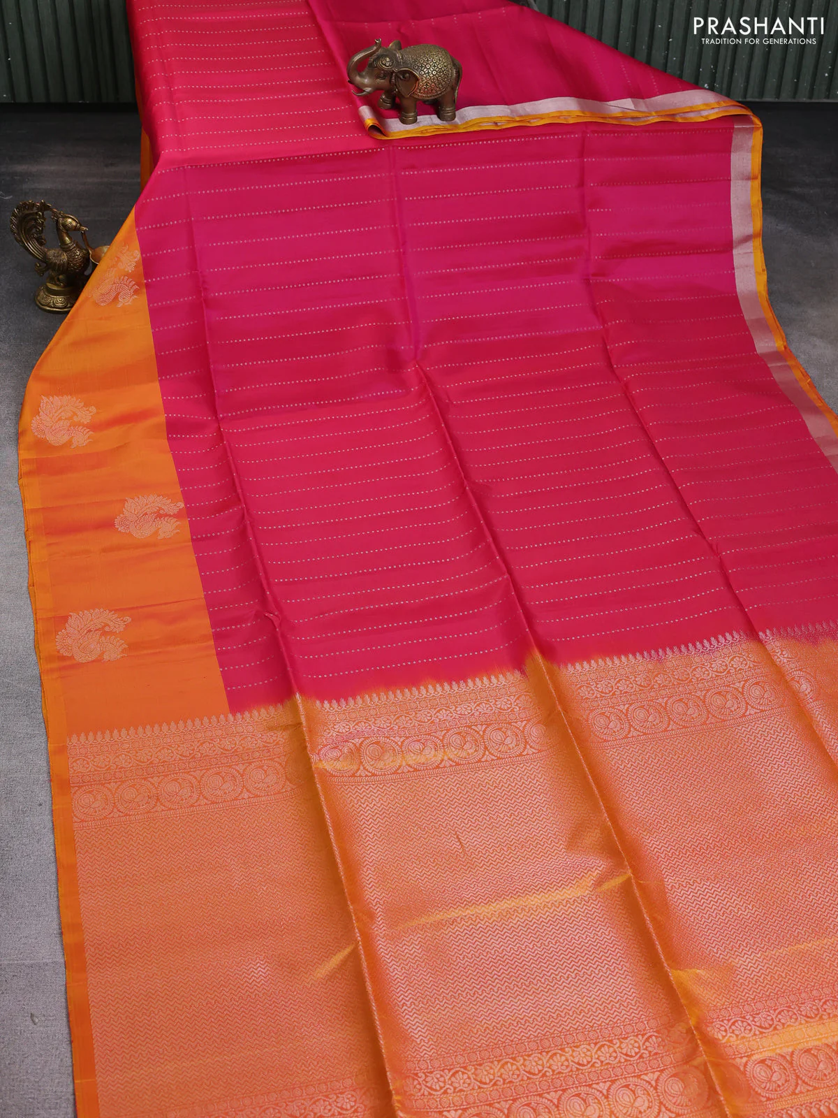 Kanchipuram soft silk saree pink and dual shade of yellow with allover silver zari weaves and long silver zari woven annam border - Image 2