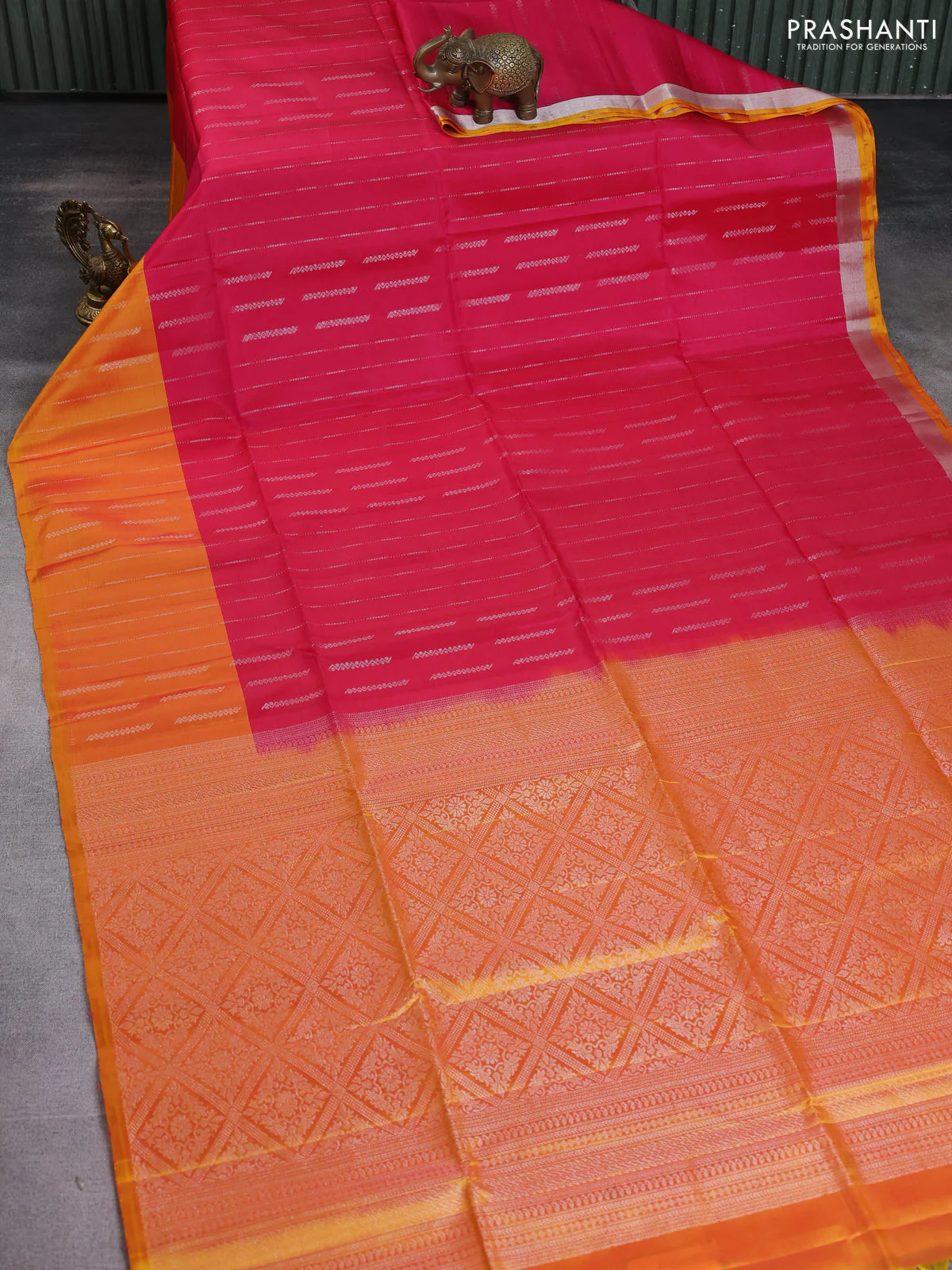 Kanchipuram soft silk saree pink and dual shade of yellow with allover silver zari weaves and silver zari woven border - Image 2