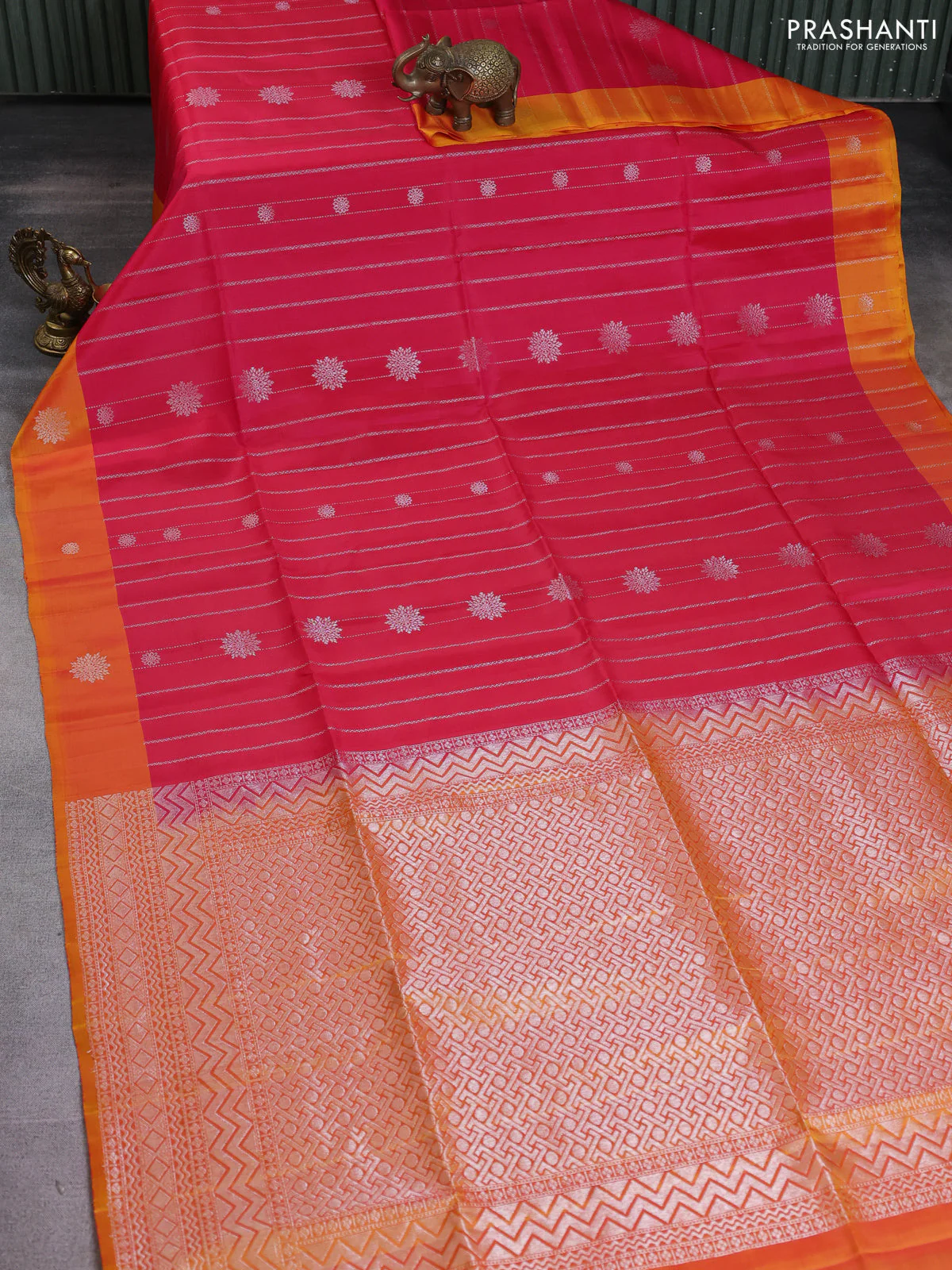 Kanchipuram soft silk saree pink and dual shade of yellow with allover silver zari weaves and silver zari woven border - Image 2