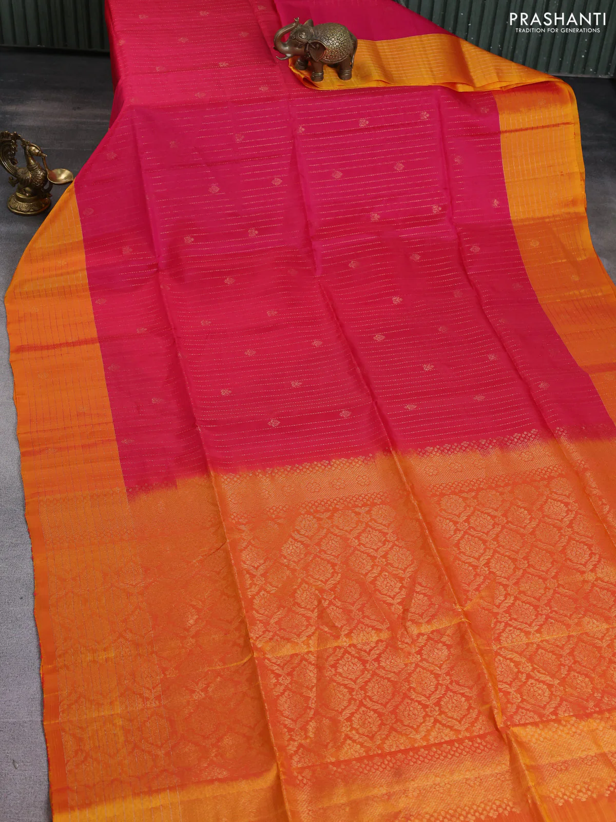 Kanchipuram soft silk saree pink and dual shade of yellow with allover zari weaves and zari woven checked border - Image 2