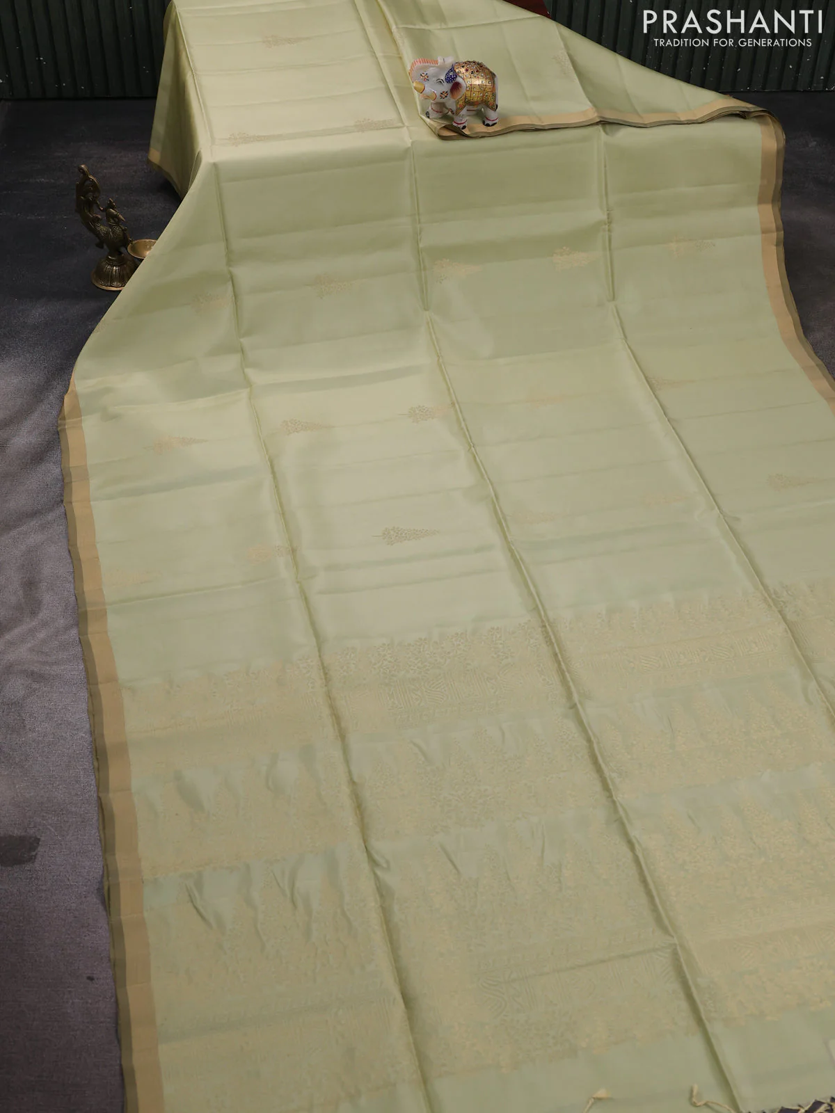 Kanchipuram soft silk saree pista green with zari woven buttas and zari woven border - Image 2