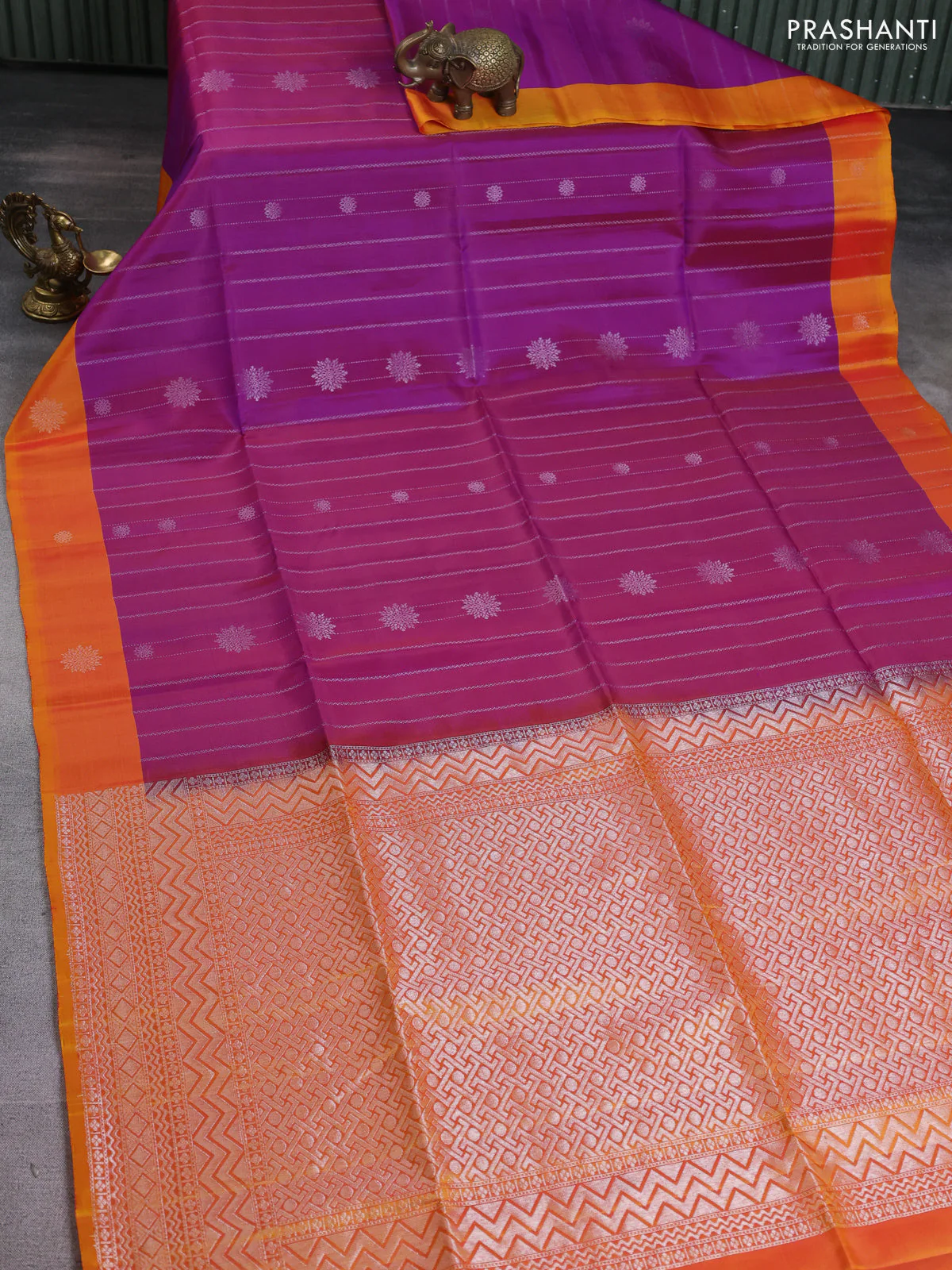 Kanchipuram soft silk saree purple and dual shade of mango yellow with allover silver zari weaves and silver zari woven border - Image 2