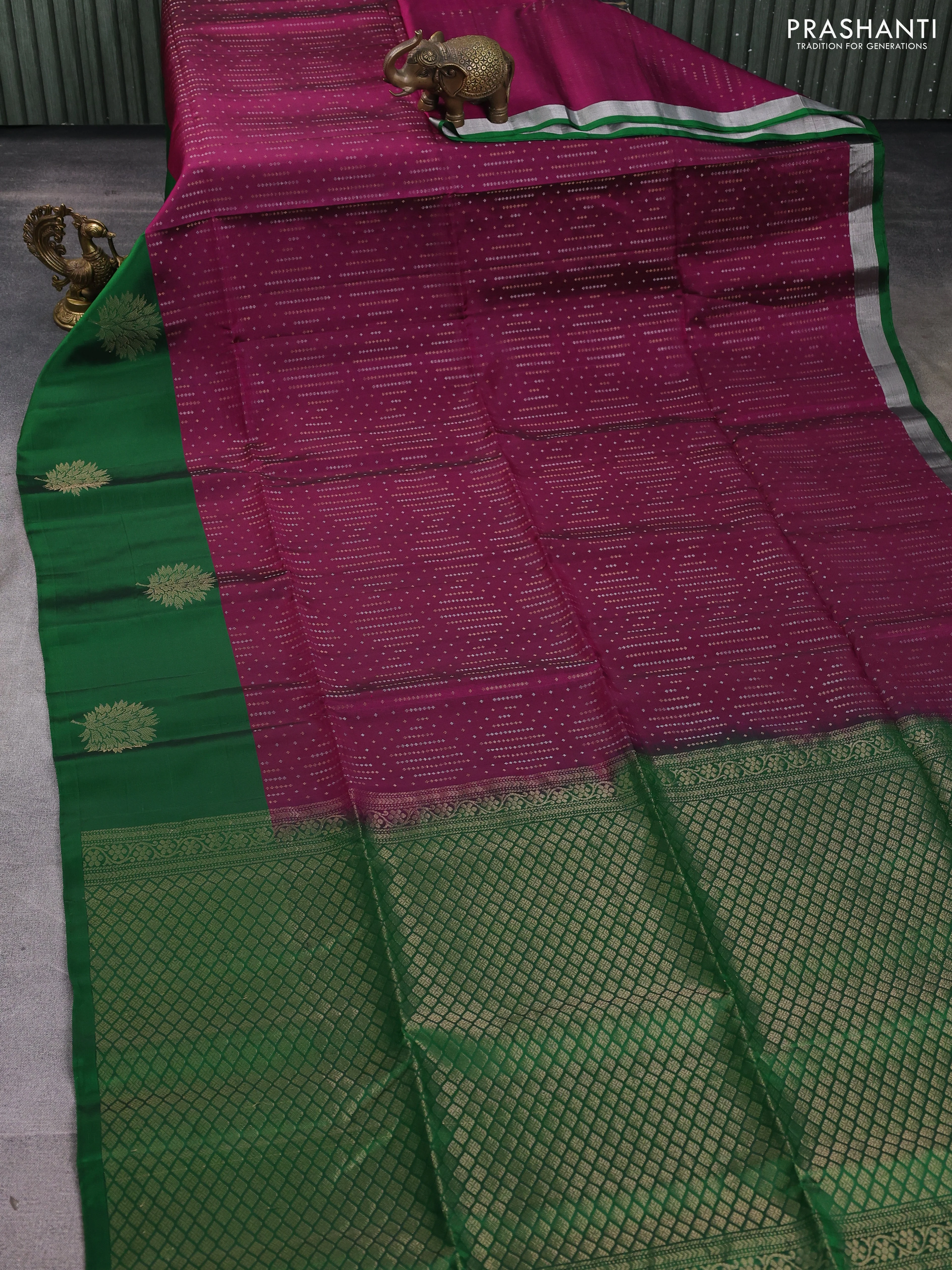 Kanchipuram soft silk saree purple and green with allover silver & zari weaves and long zari woven butta border - Image 2