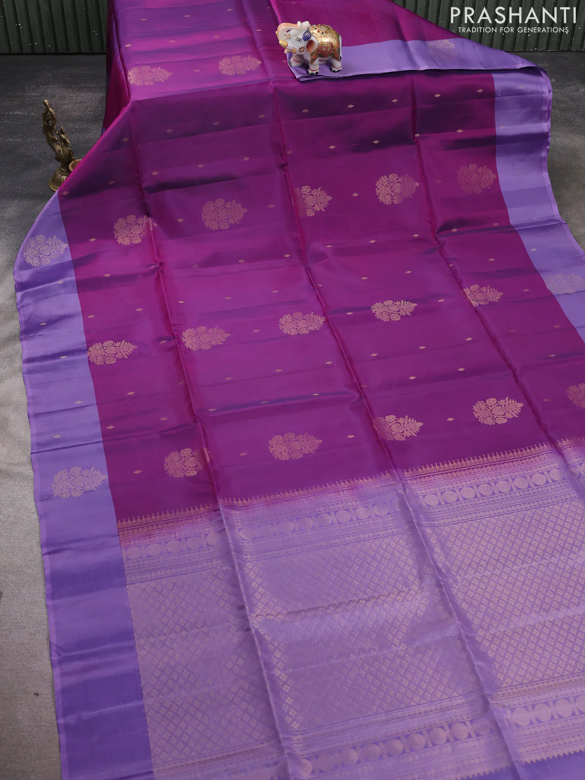 Kanchipuram soft silk saree purple and lavender with zari woven buttas and zari woven border - Image 2