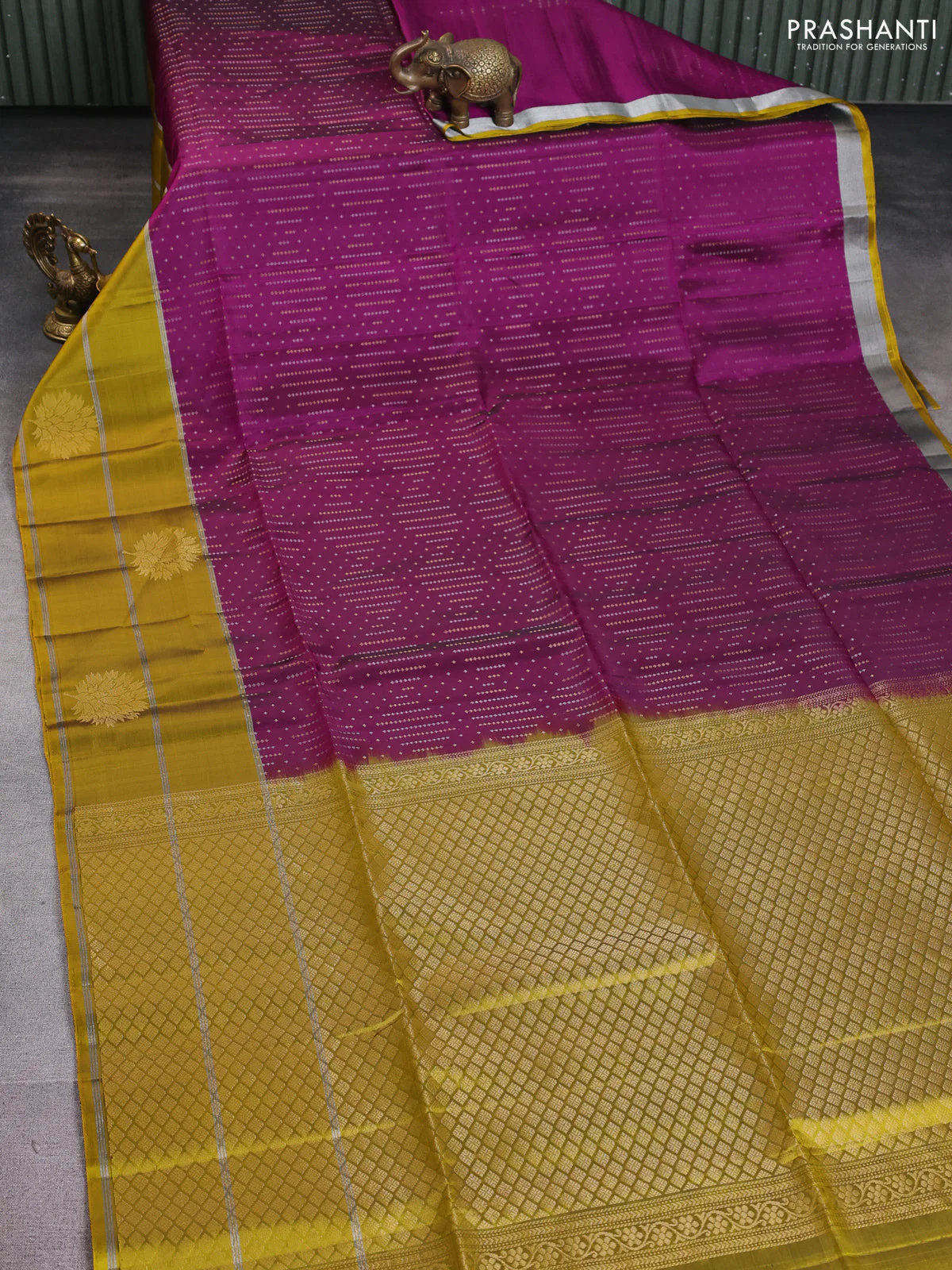 Kanchipuram soft silk saree purple and mustard yellow with allover silver & gold zari weaves and zari woven butta border - Image 2