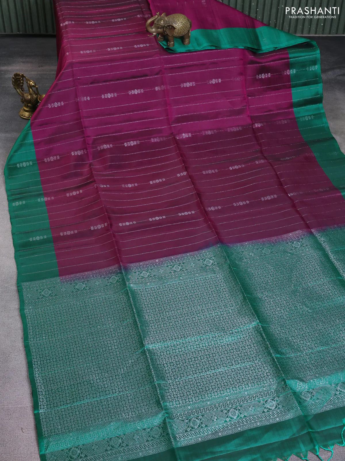 Kanchipuram soft silk saree purple and peacock green with allover silver zari weaves and silver zari woven border - Image 2