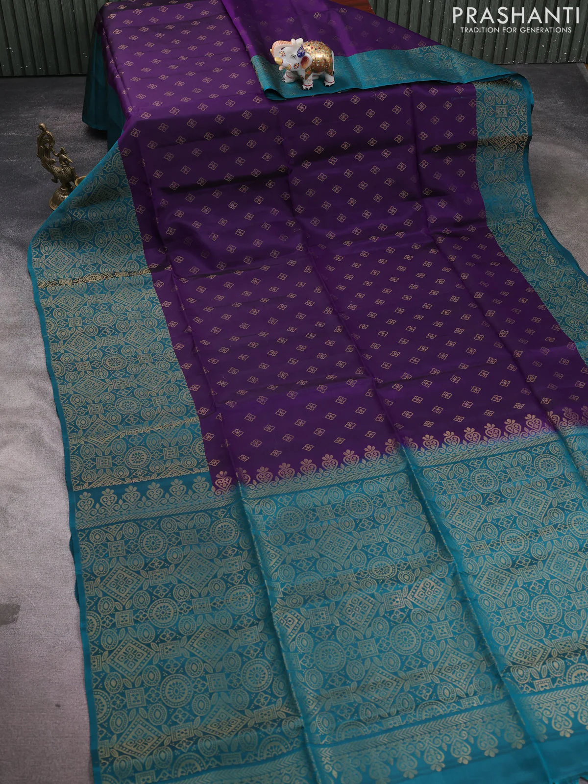 Kanchipuram soft silk saree purple and peacock green with allover zari woven buttas and zari woven border - Image 2