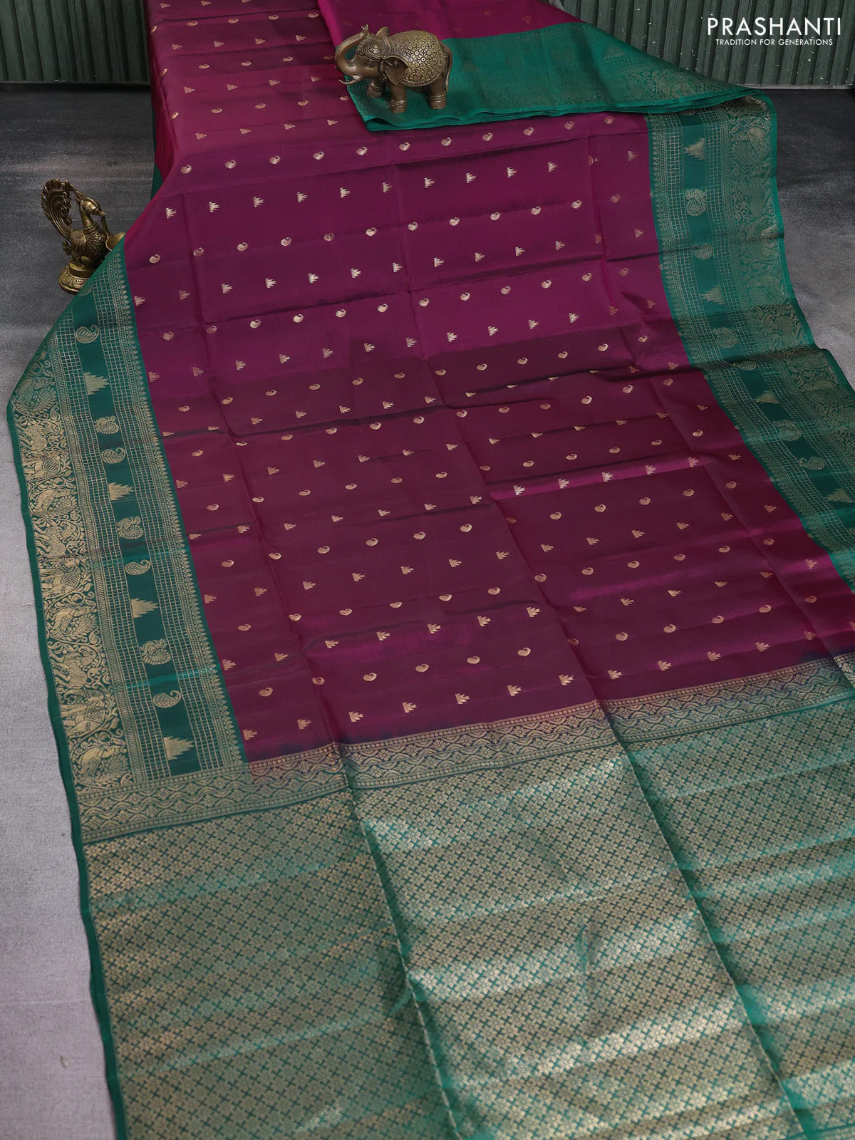 Kanchipuram soft silk saree purple and teal green with allover zari woven buttas and long zari woven border - Image 2