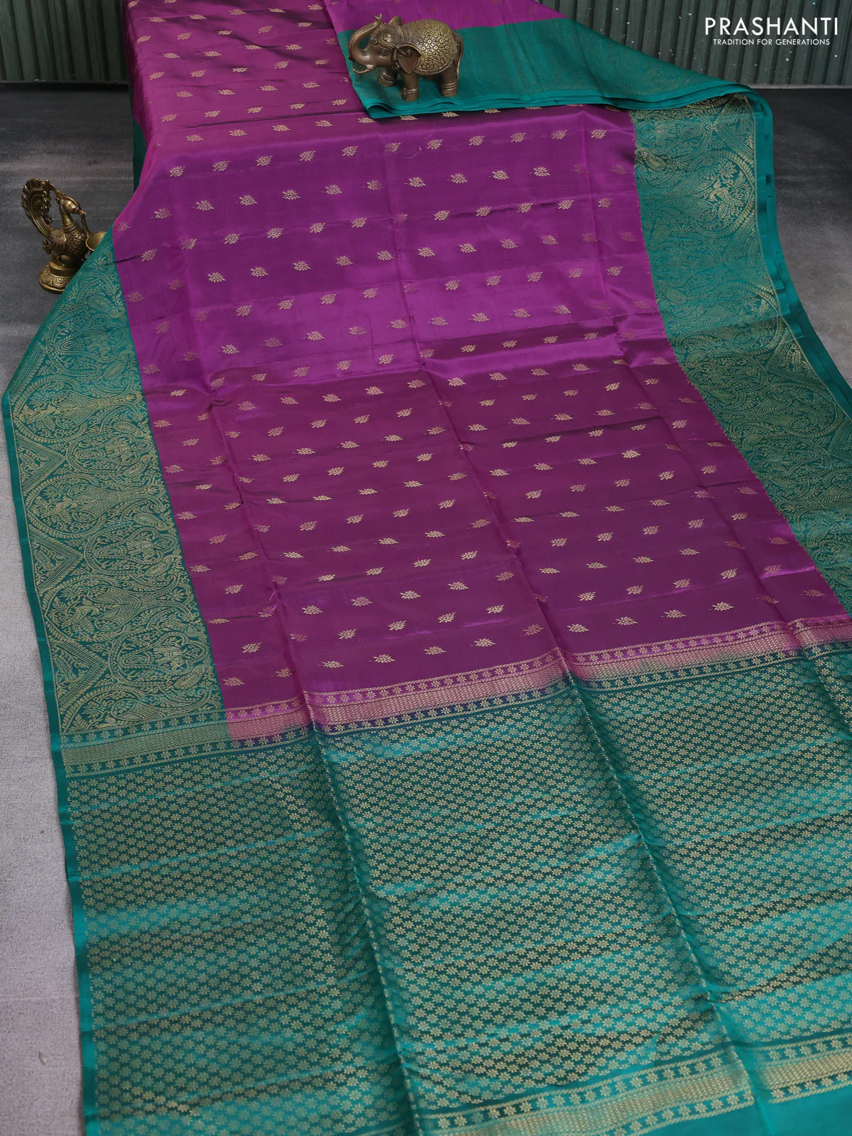 Kanchipuram soft silk saree purple and teal green with zari woven buttas and long zari woven border - Image 2
