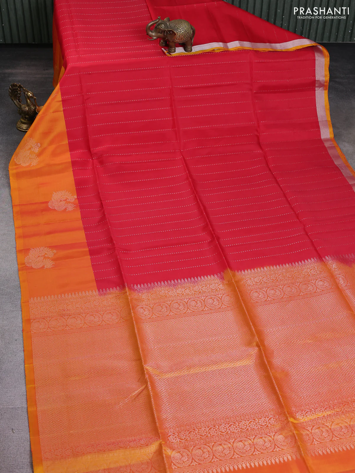 Kanchipuram soft silk saree red and dual shade of mango yellow with allover silver & gold zari weaves and zari woven butta border - Image 2