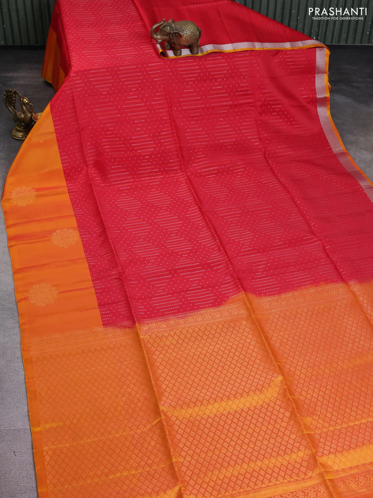 Kanchipuram soft silk saree red and dual shade of mango yellow with allover silver & gold zari weaves and zari woven butta border - Image 2