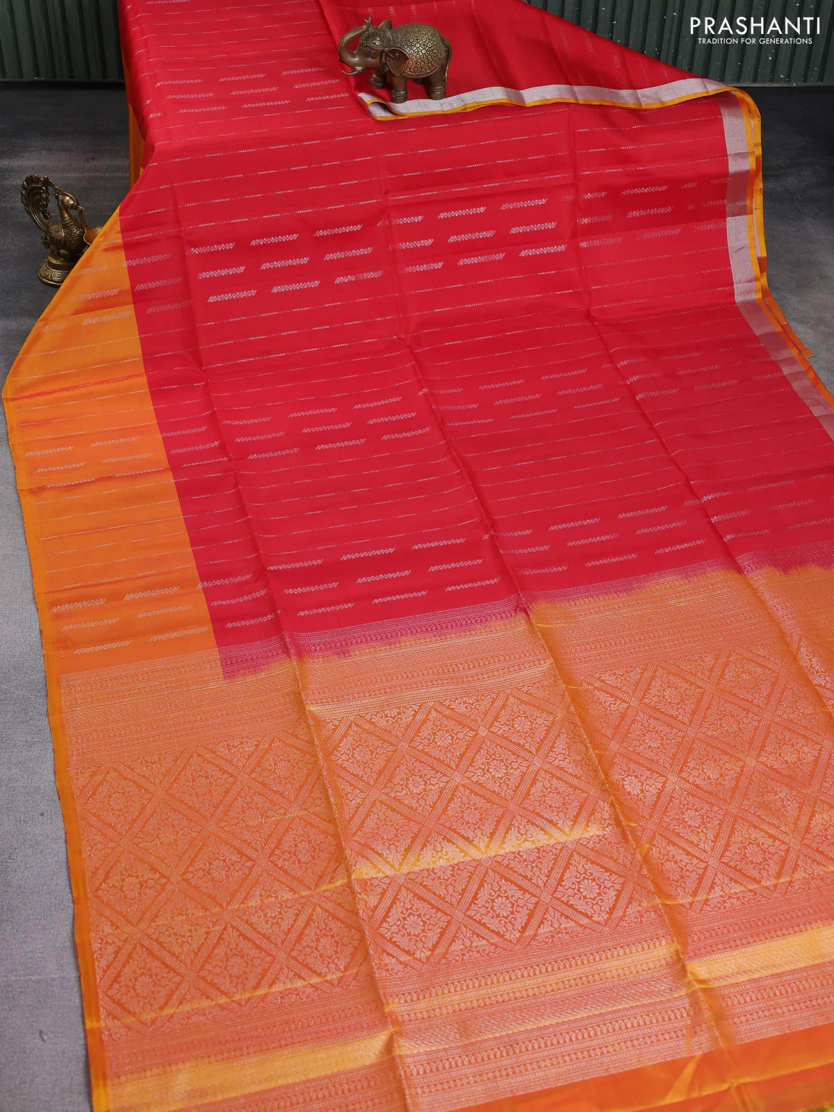 Kanchipuram soft silk saree red and dual shade of yellow with allover silver zari weaves and silver zari woven border - Image 2