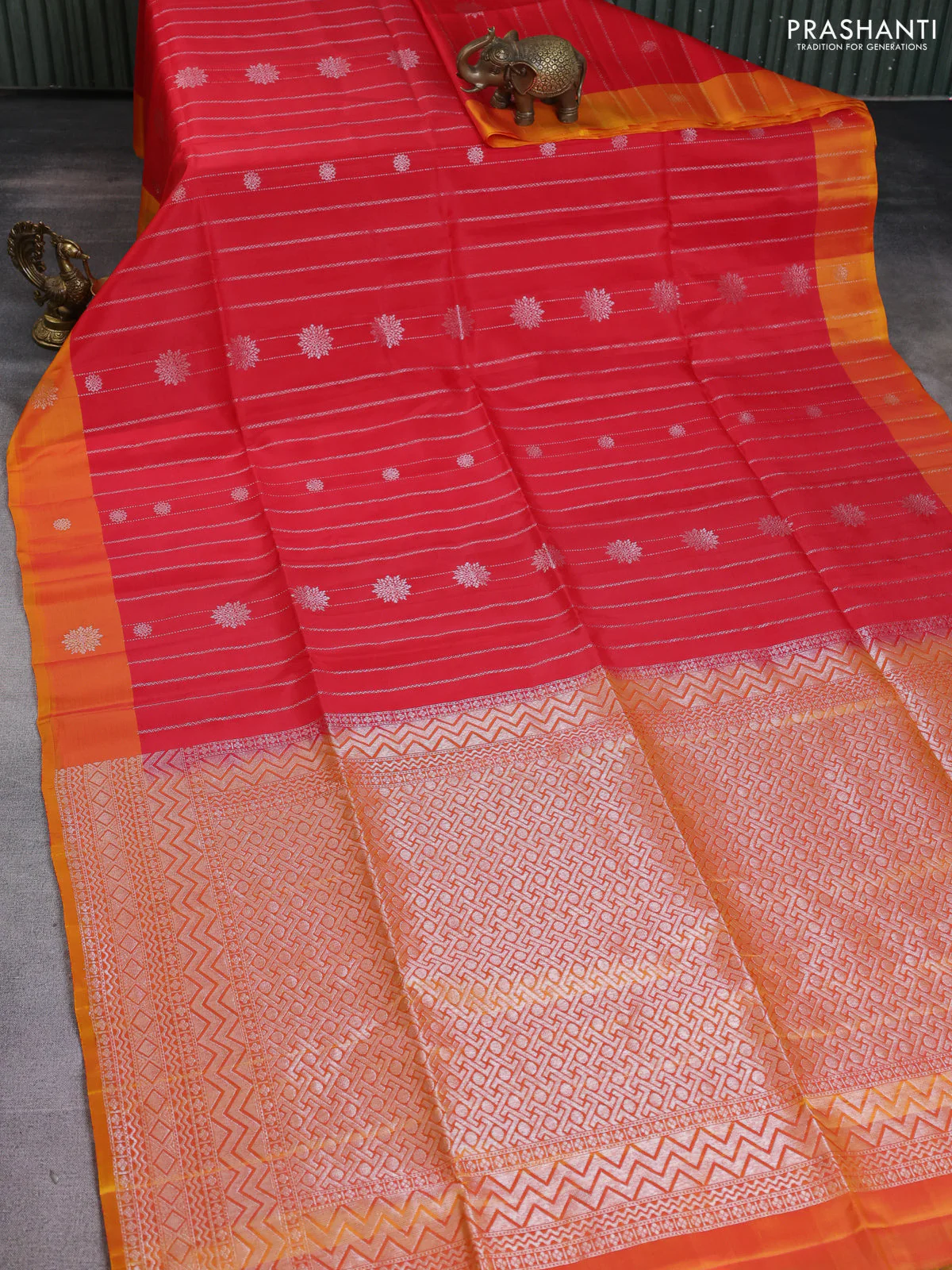 Kanchipuram soft silk saree red and dual shade of yellow with allover silver zari weaves and silver zari woven border - Image 2