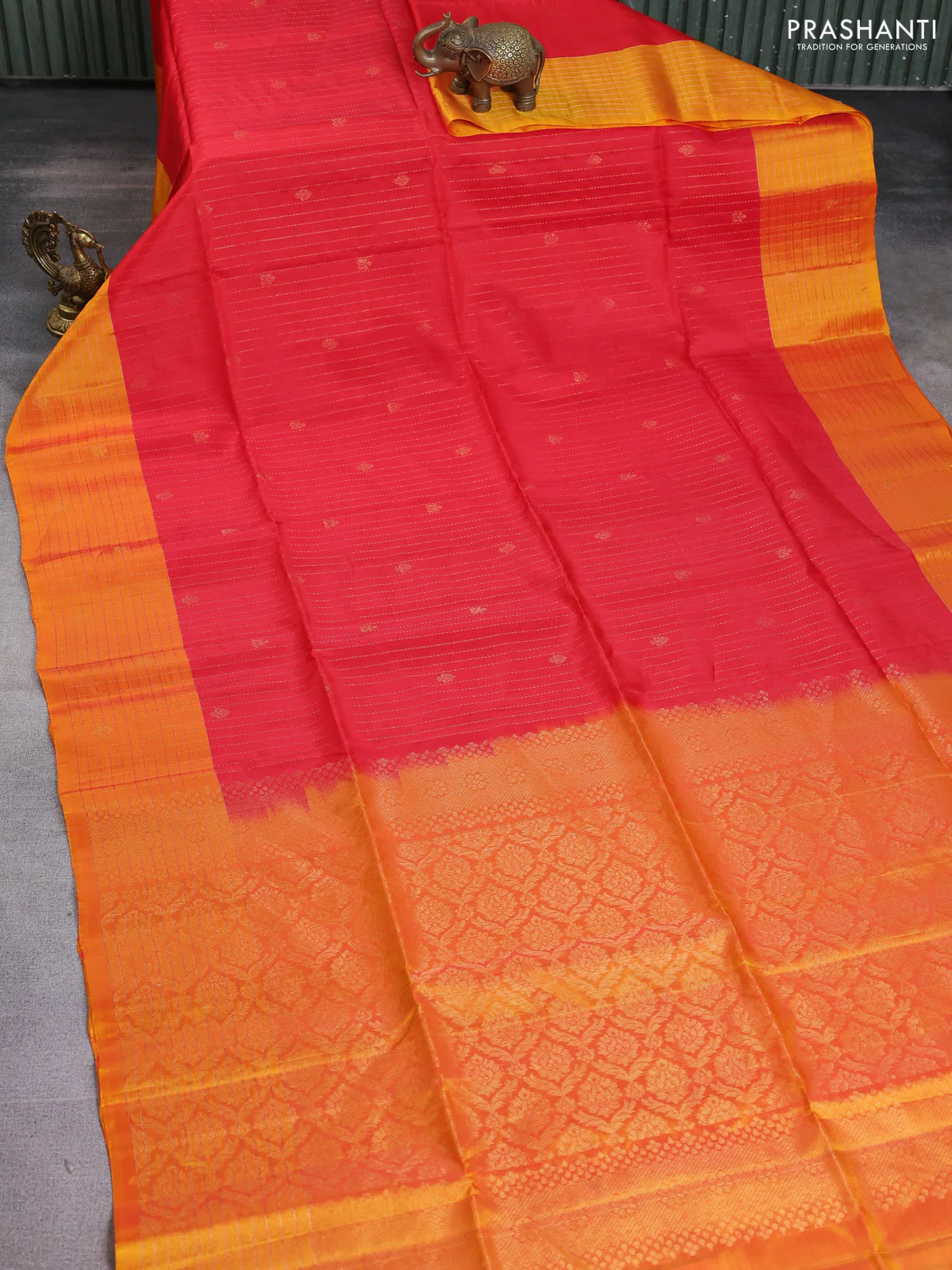 Kanchipuram soft silk saree red and dual shade of yellow with allover zari weaves and zari woven checked border - Image 2