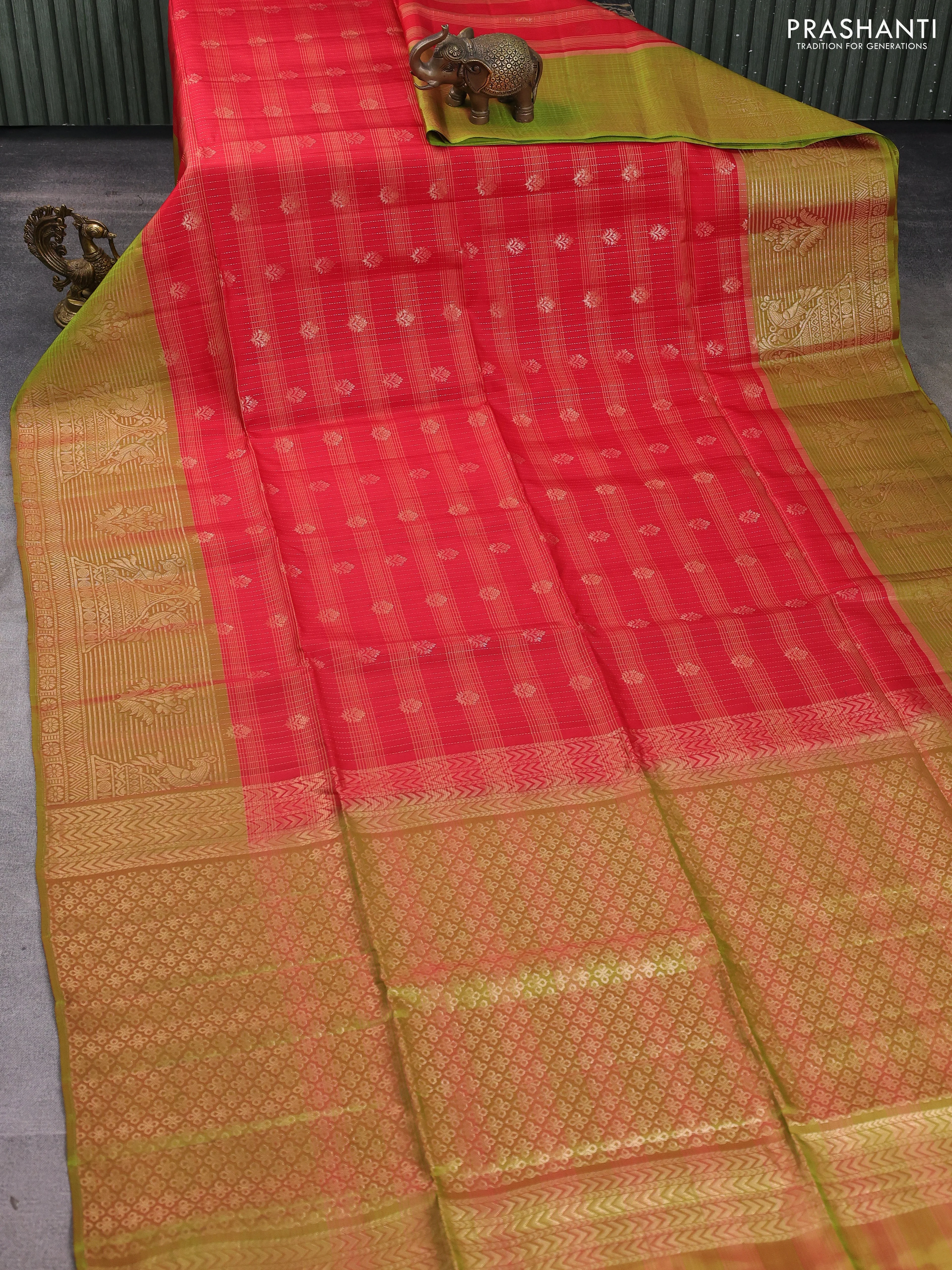 Kanchipuram soft silk saree red and green with allover zari stripes & buttas and long zari woven butta border - Image 2