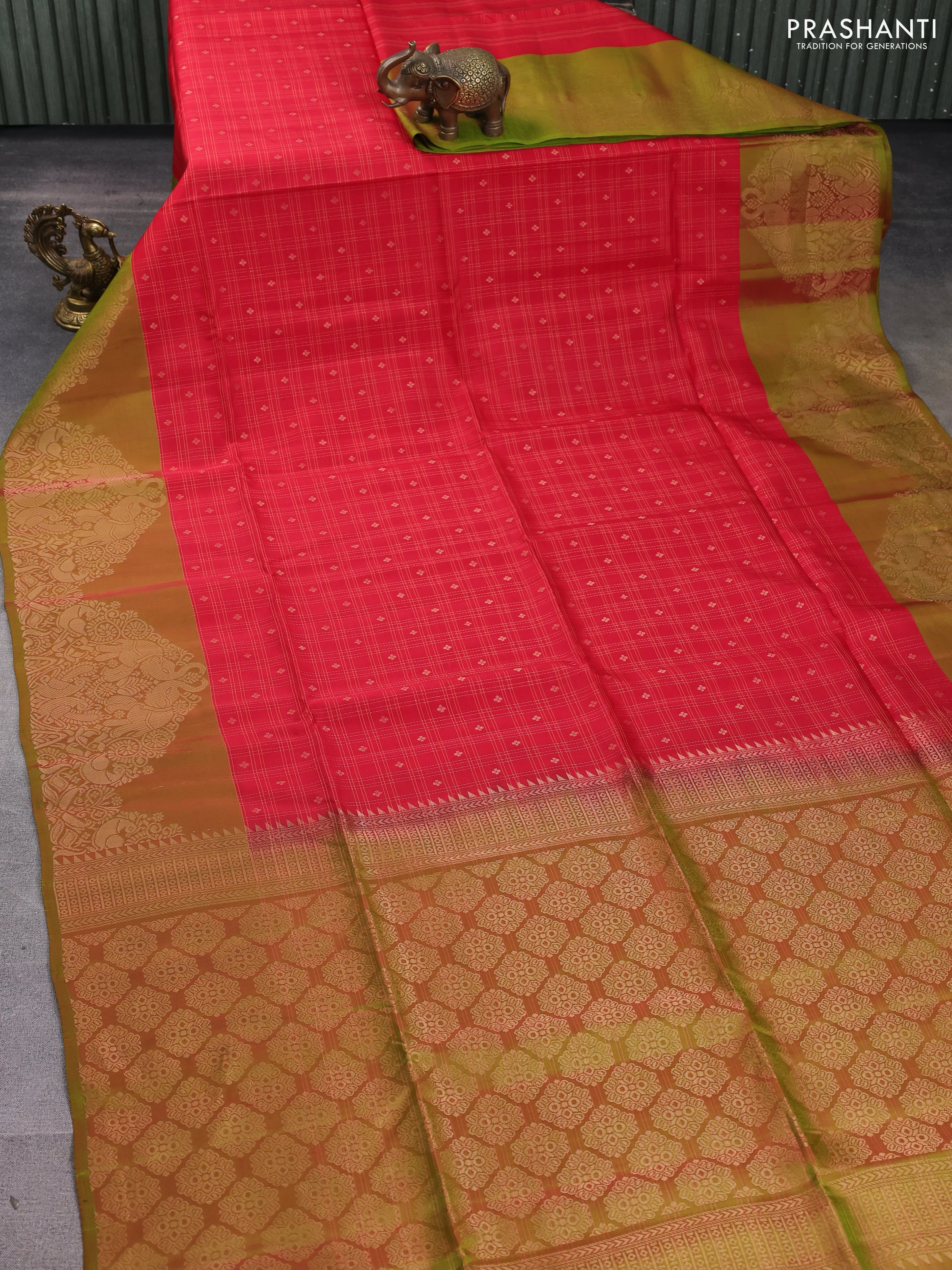 Kanchipuram soft silk saree red and light green with allover zari checks & buttas and long zari woven border - Image 2