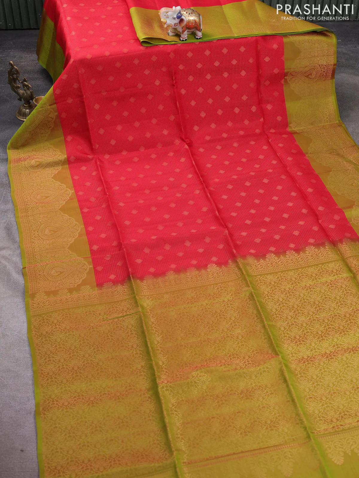 Kanchipuram soft silk saree red and light green with allover zari stripes & buttas and long zari woven border - Image 2