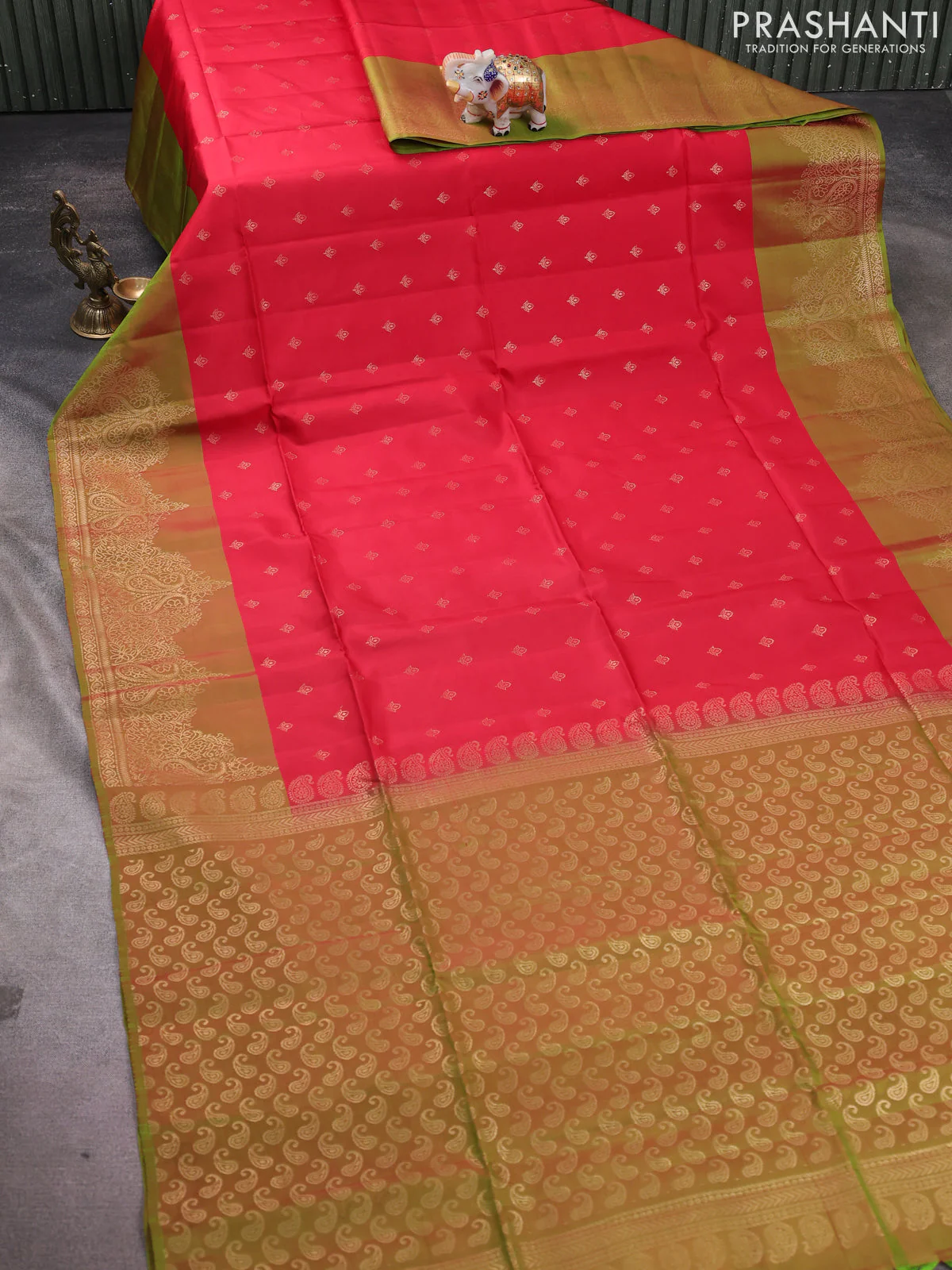 Kanchipuram soft silk saree red and light green with allover zari woven buttas and zari woven border - Image 2