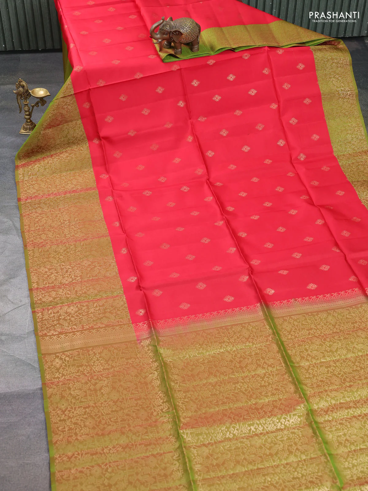 Kanchipuram soft silk saree red and light green with allover zari woven buttas and zari woven border - Image 2