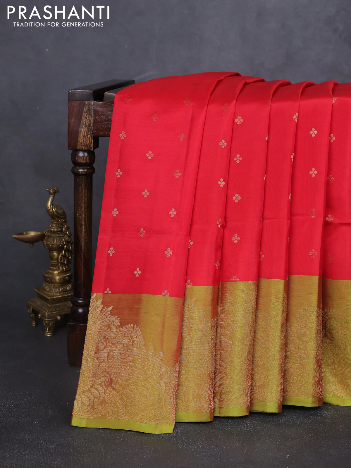 Kanchipuram soft silk saree red and lime green with allover zari woven buttas and long zari woven border