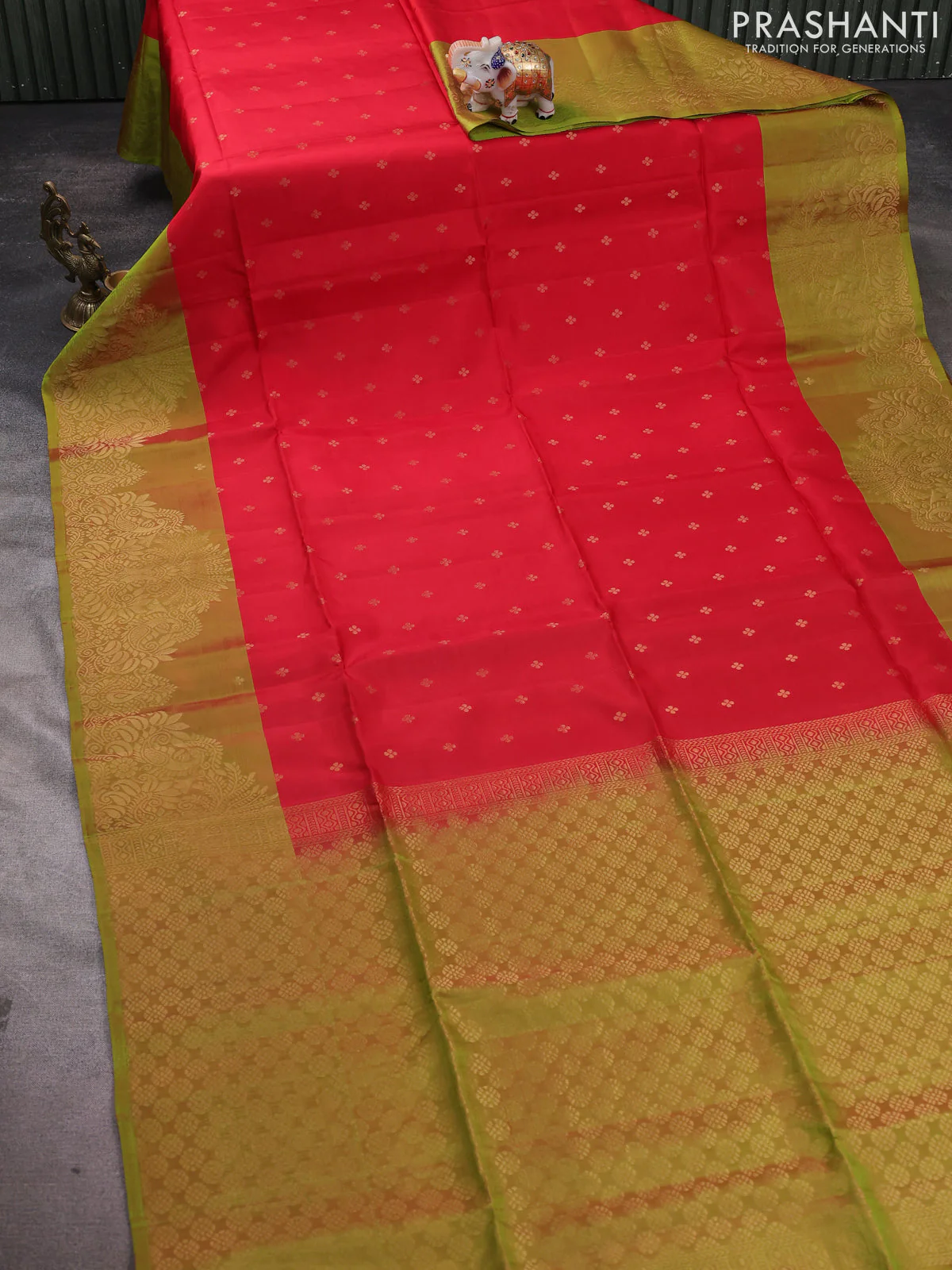 Kanchipuram soft silk saree red and lime green with allover zari woven buttas and long zari woven border - Image 2
