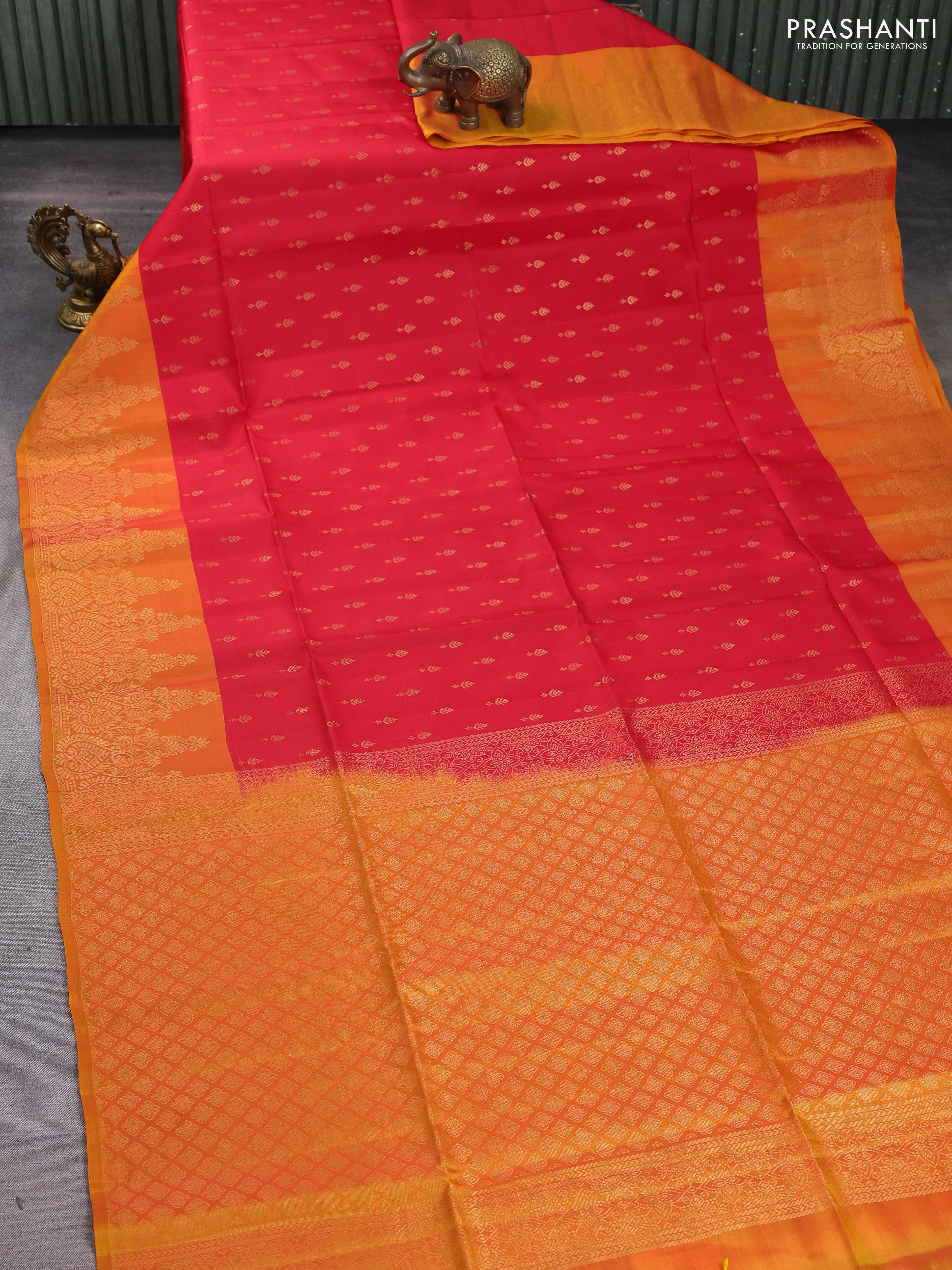 Kanchipuram soft silk saree red and yellow with allover zari woven buttas and zari woven border - Image 2