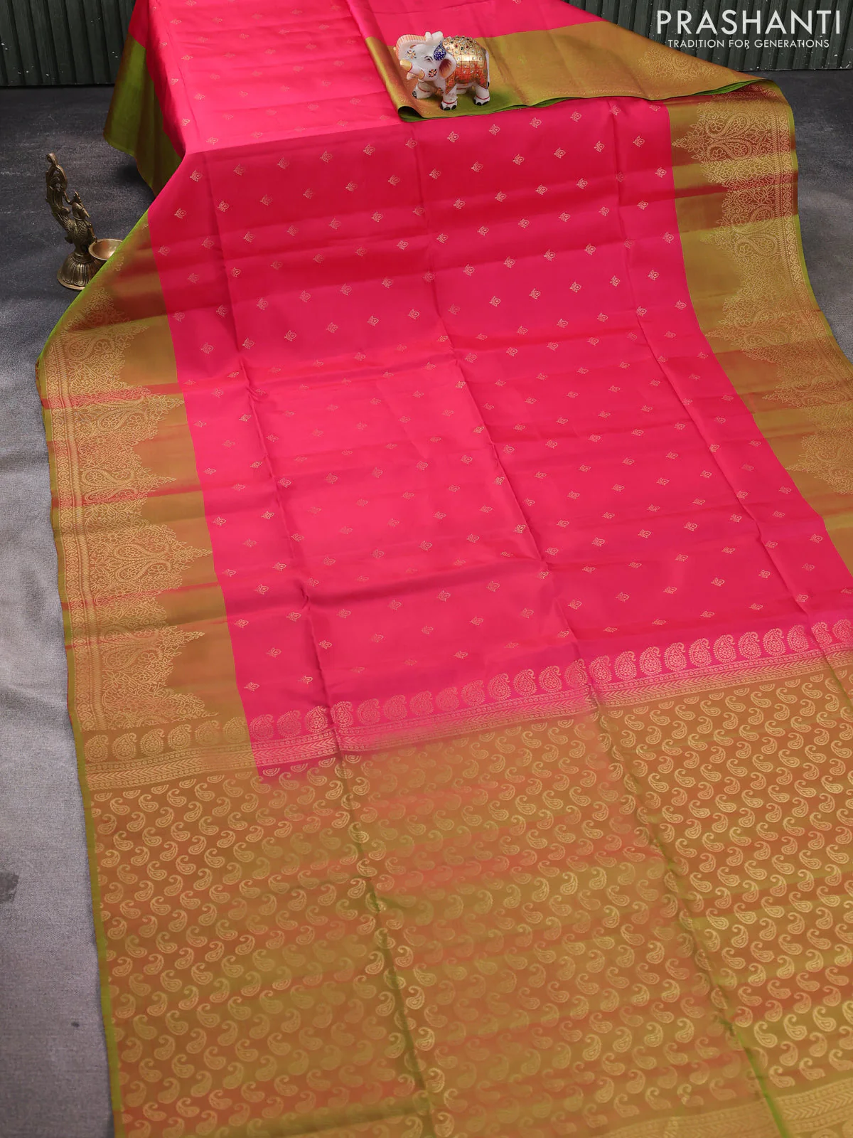 Kanchipuram soft silk saree reddish pink and light green with allover zari woven buttas and zari woven border - Image 2
