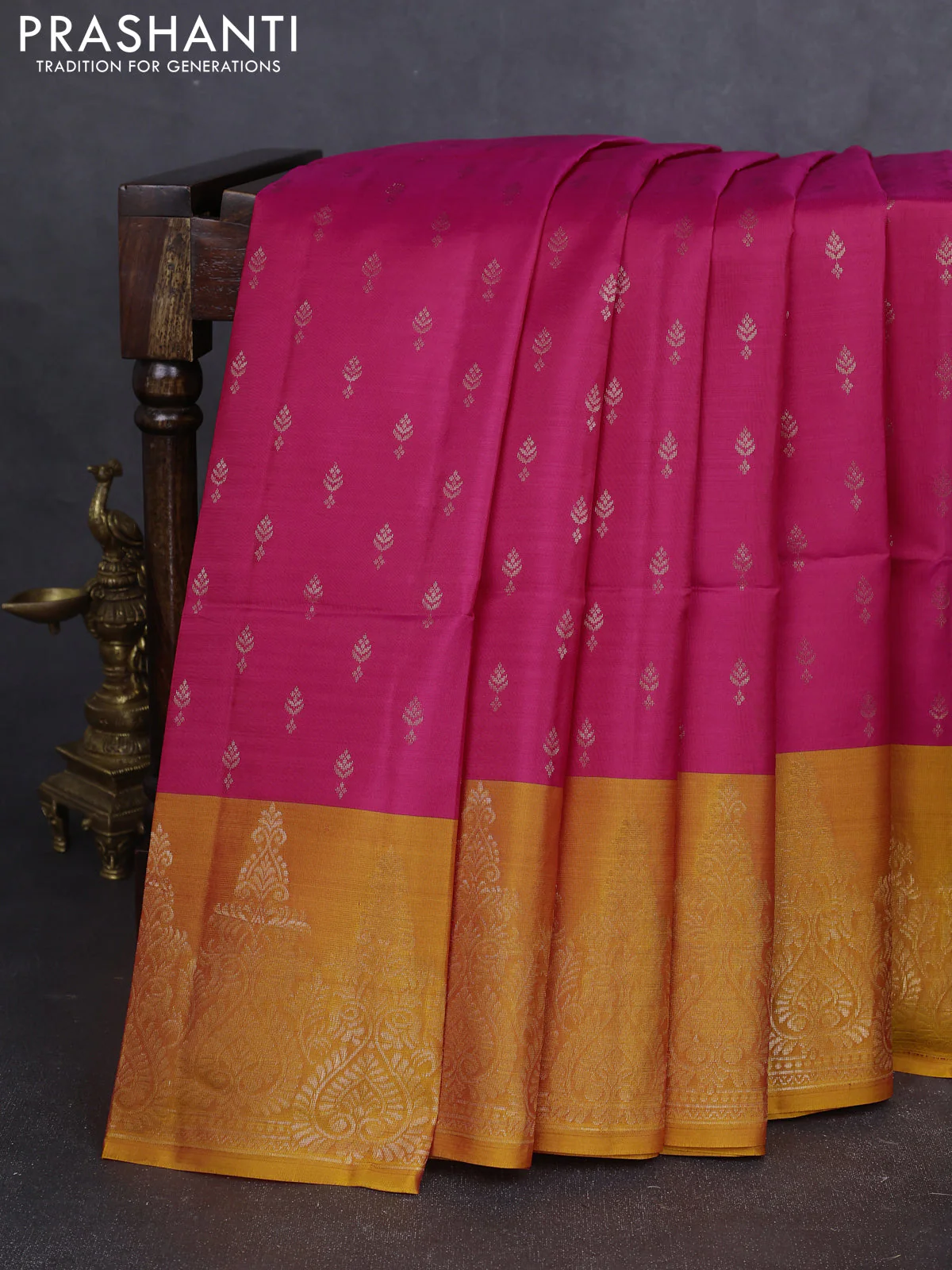 Kanchipuram soft silk saree reddish pink and yellow with allover zari woven buttas and long zari woven border