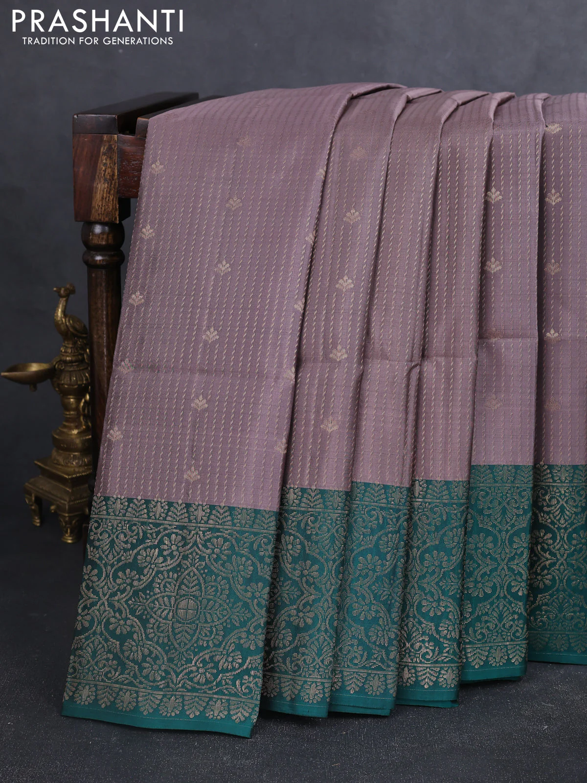Kanchipuram soft silk saree rosy brown and green with allover zari weaves & buttas and zari woven border