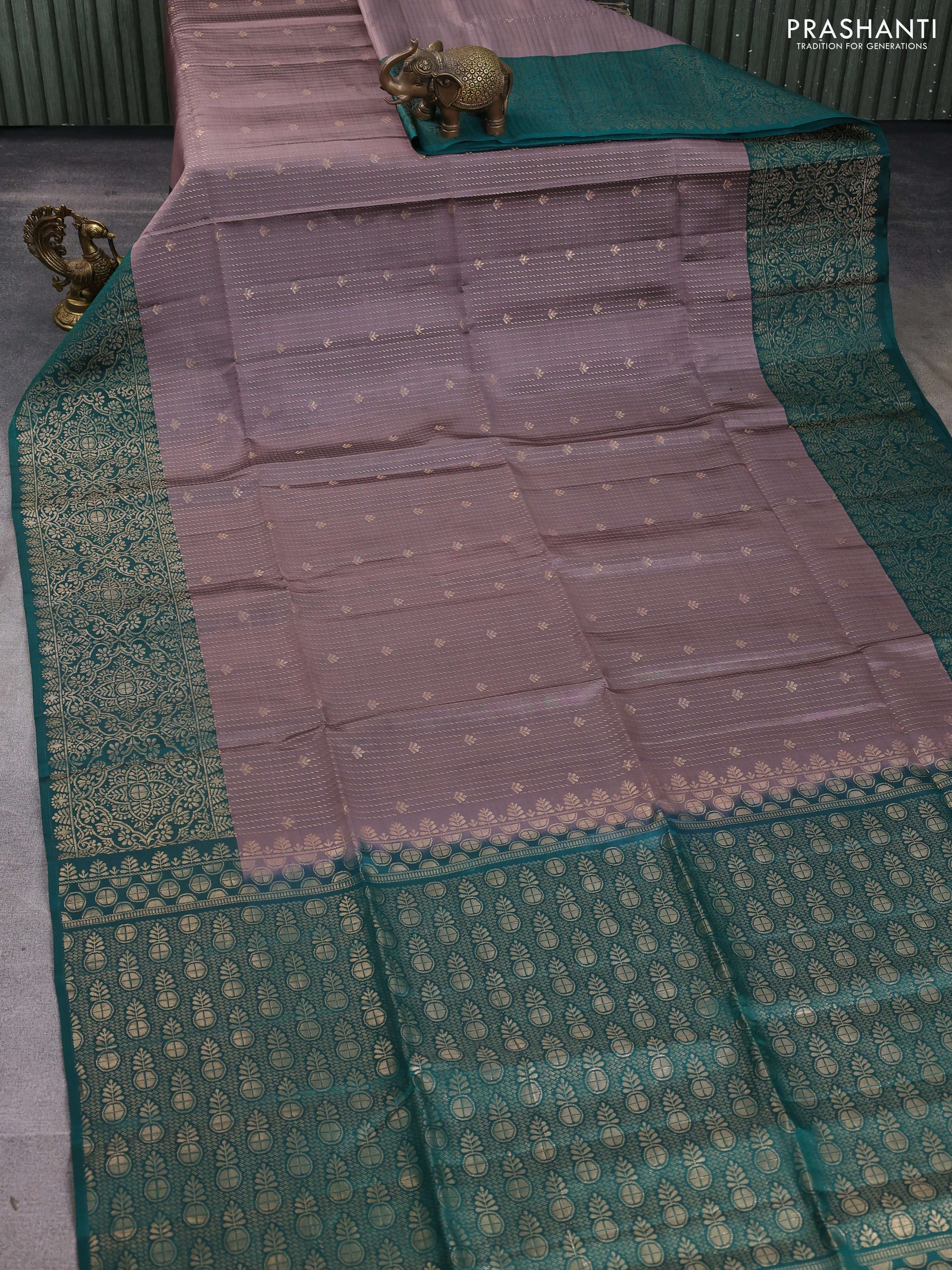Kanchipuram soft silk saree rosy brown and green with allover zari weaves & buttas and zari woven border - Image 2