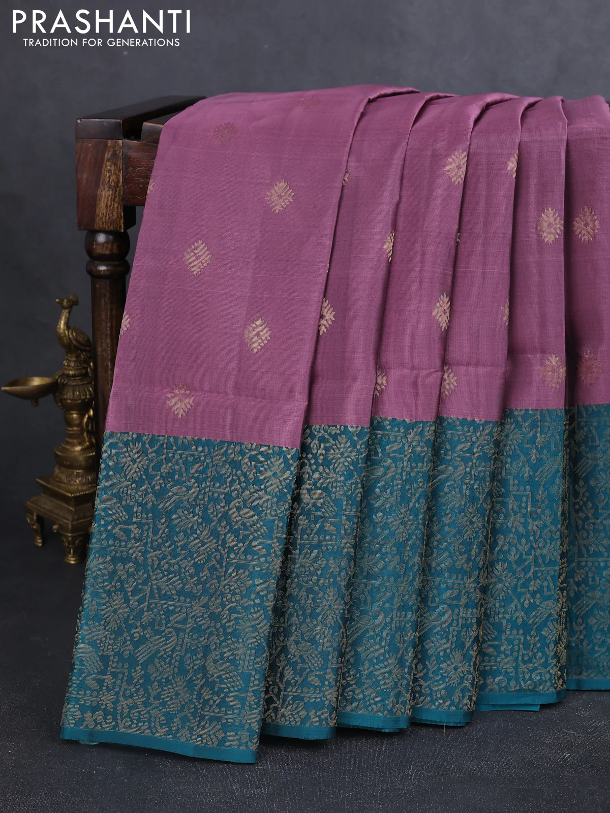 Kanchipuram soft silk saree rosy brown and peacock green with allover zari woven buttas and long zari woven border