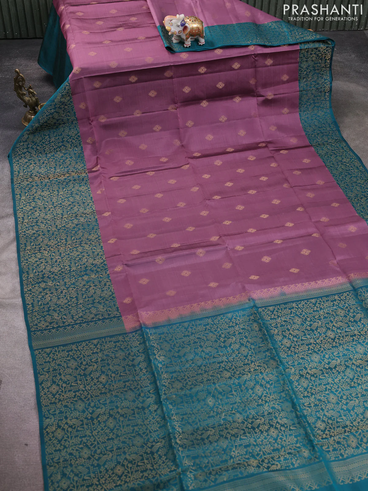 Kanchipuram soft silk saree rosy brown and peacock green with allover zari woven buttas and long zari woven border - Image 2