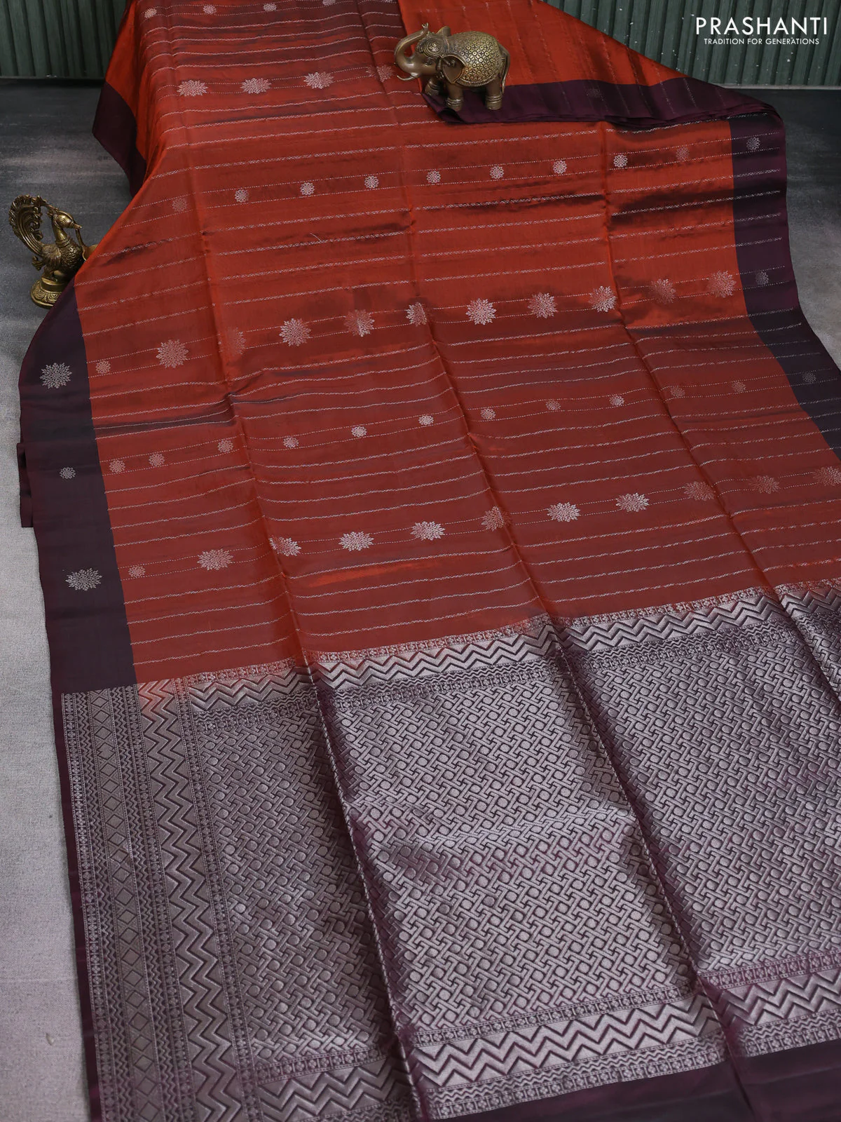 Kanchipuram soft silk saree rust shade and deep maroon with allover silver zari weaves and silver zari woven border - Image 2