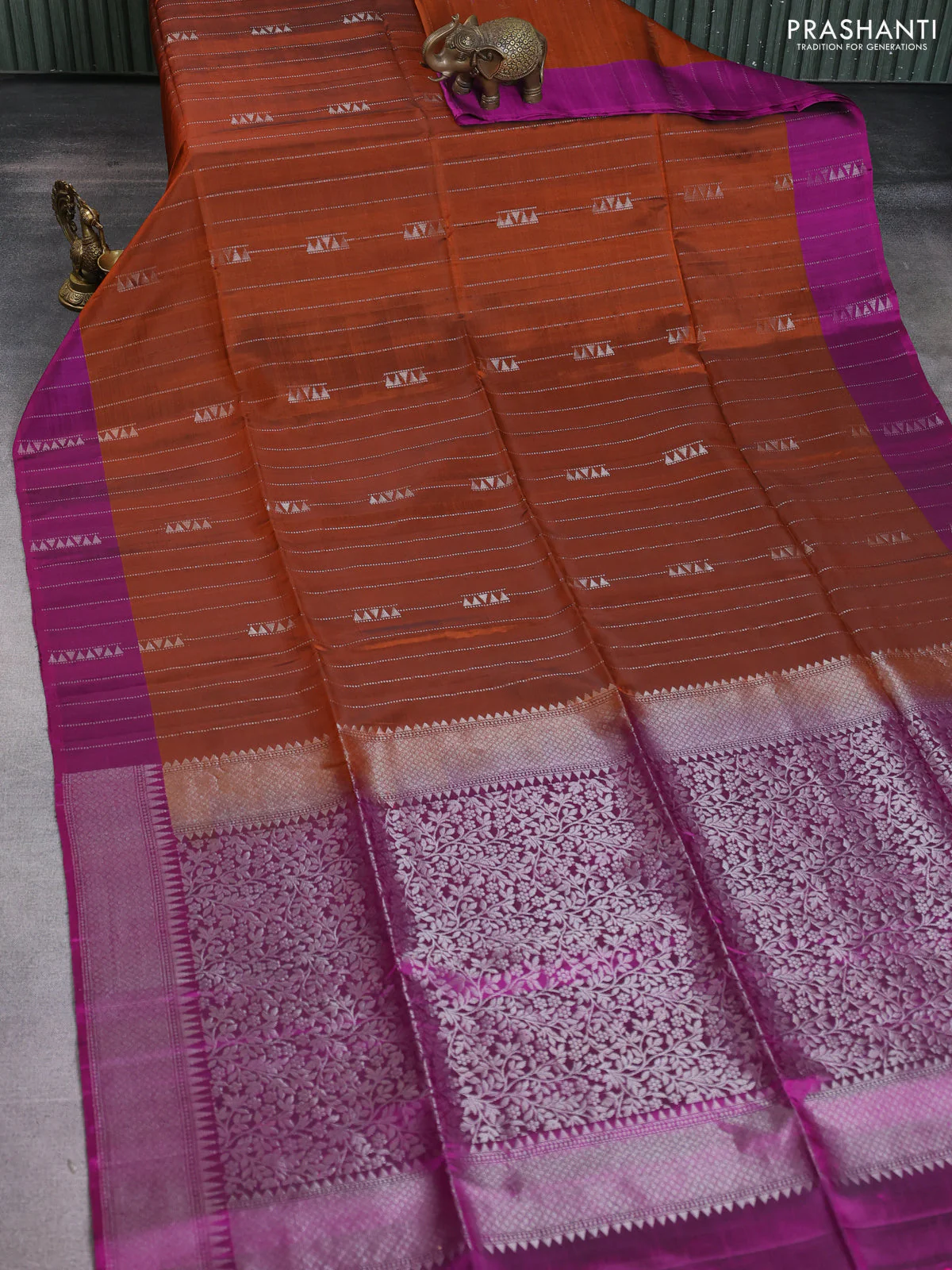 Kanchipuram soft silk saree rust shade and purple with allover silver zari weaves and silver zari woven border - Image 2