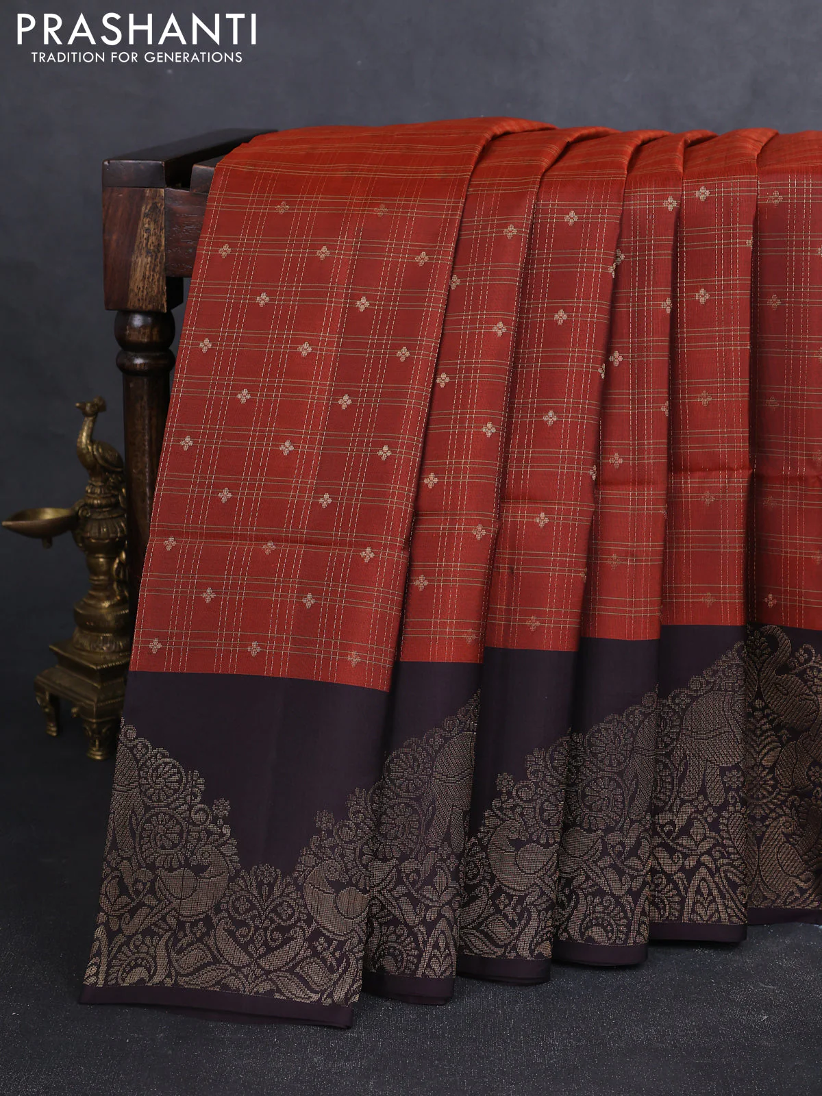 Kanchipuram soft silk saree rustic orange and coffee brown with allover zari checks & buttas and long zari woven border