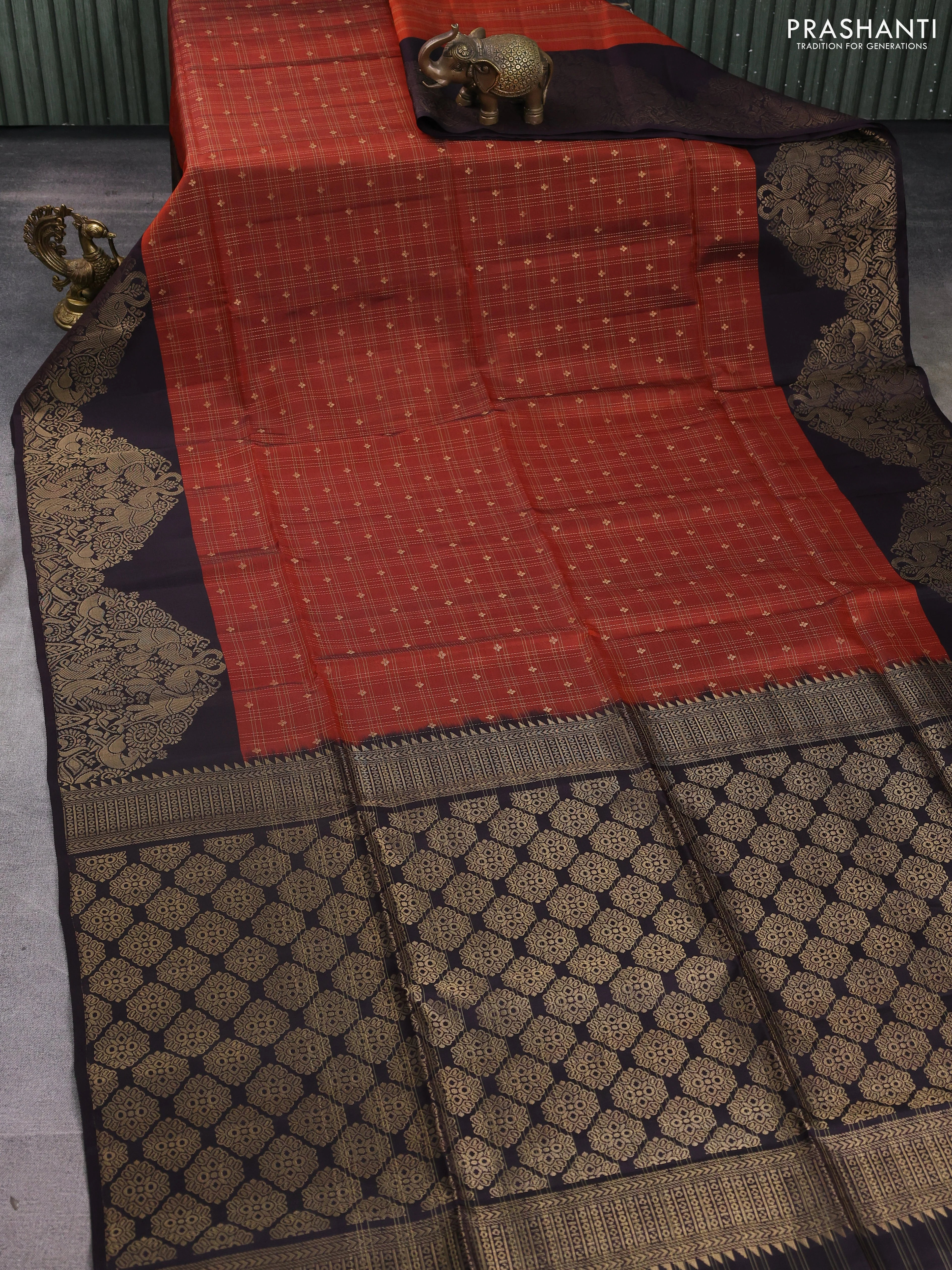 Kanchipuram soft silk saree rustic orange and coffee brown with allover zari checks & buttas and long zari woven border - Image 2