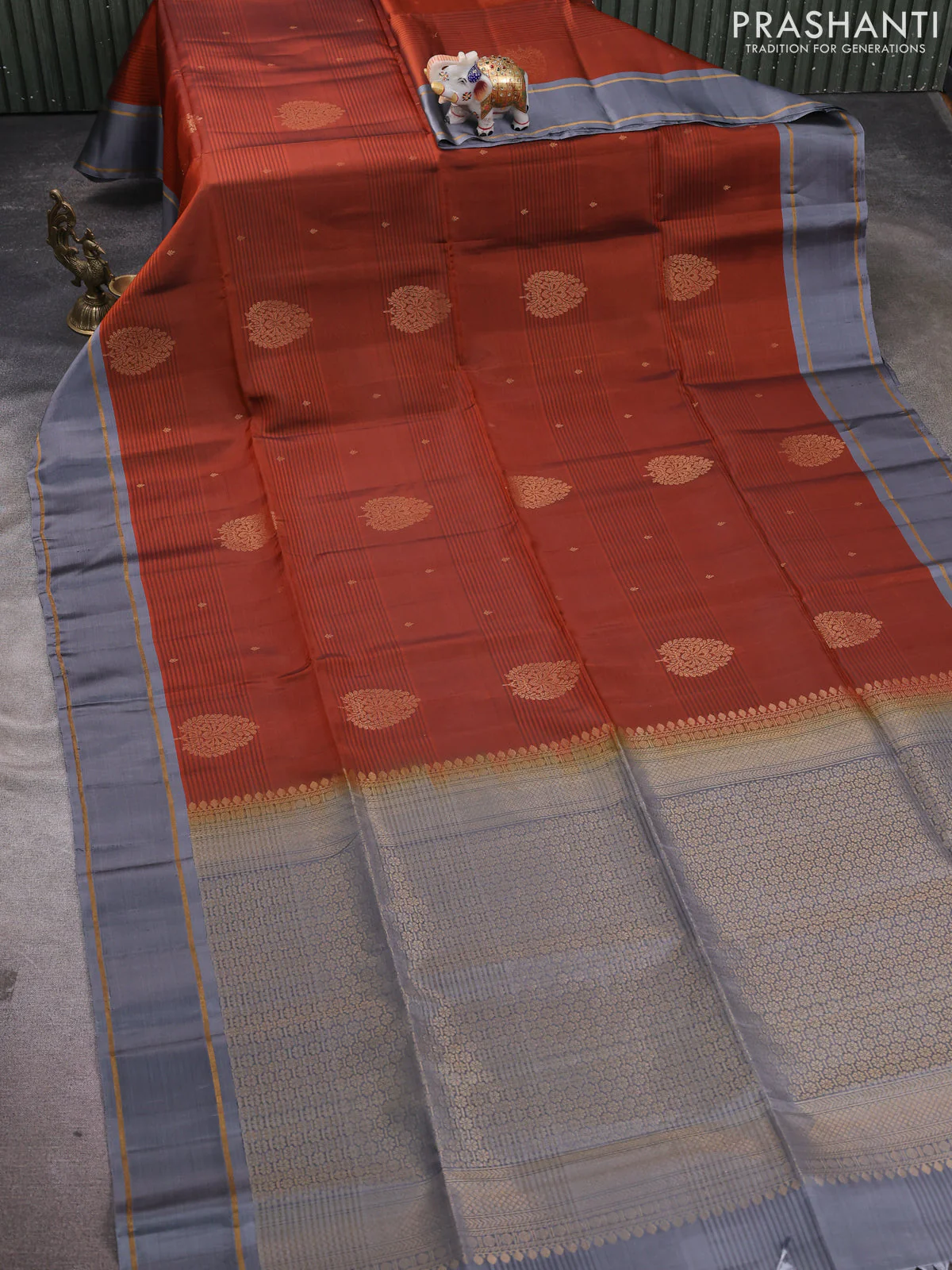 Kanchipuram soft silk saree rustic orange and grey with zari woven buttas and rettapet zari woven border - Image 2