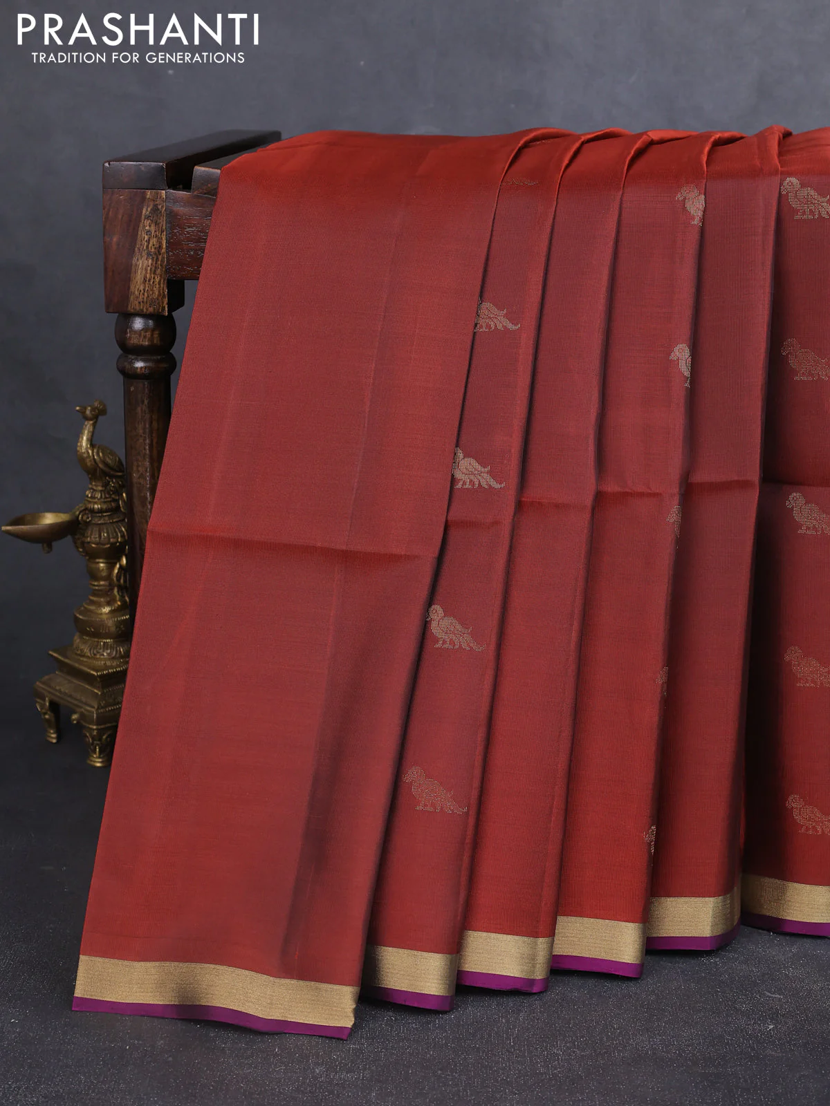 Kanchipuram soft silk saree rustic orange and purple with zari woven buttas and zari woven butta border