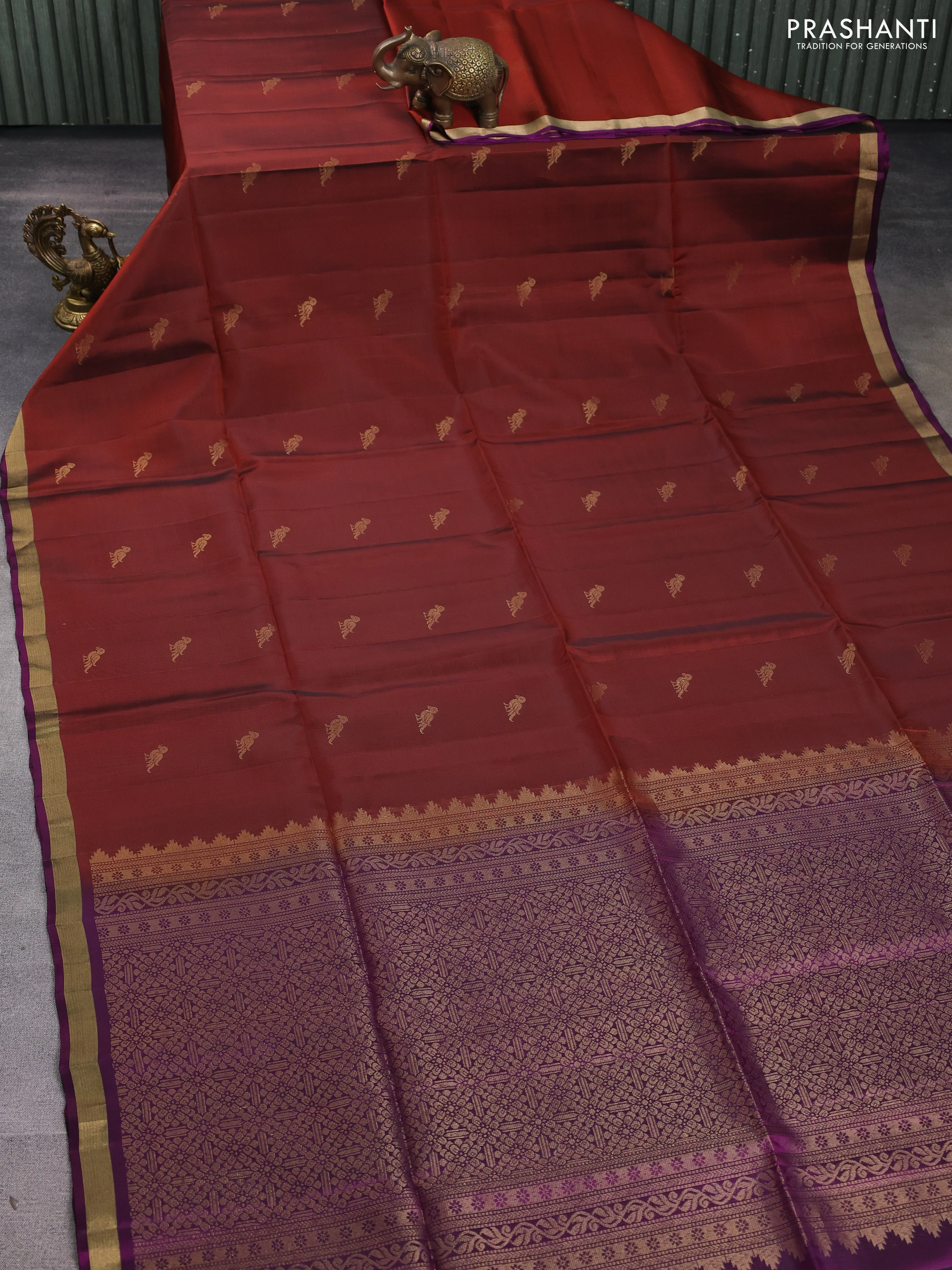 Kanchipuram soft silk saree rustic orange and purple with zari woven buttas and zari woven butta border - Image 2