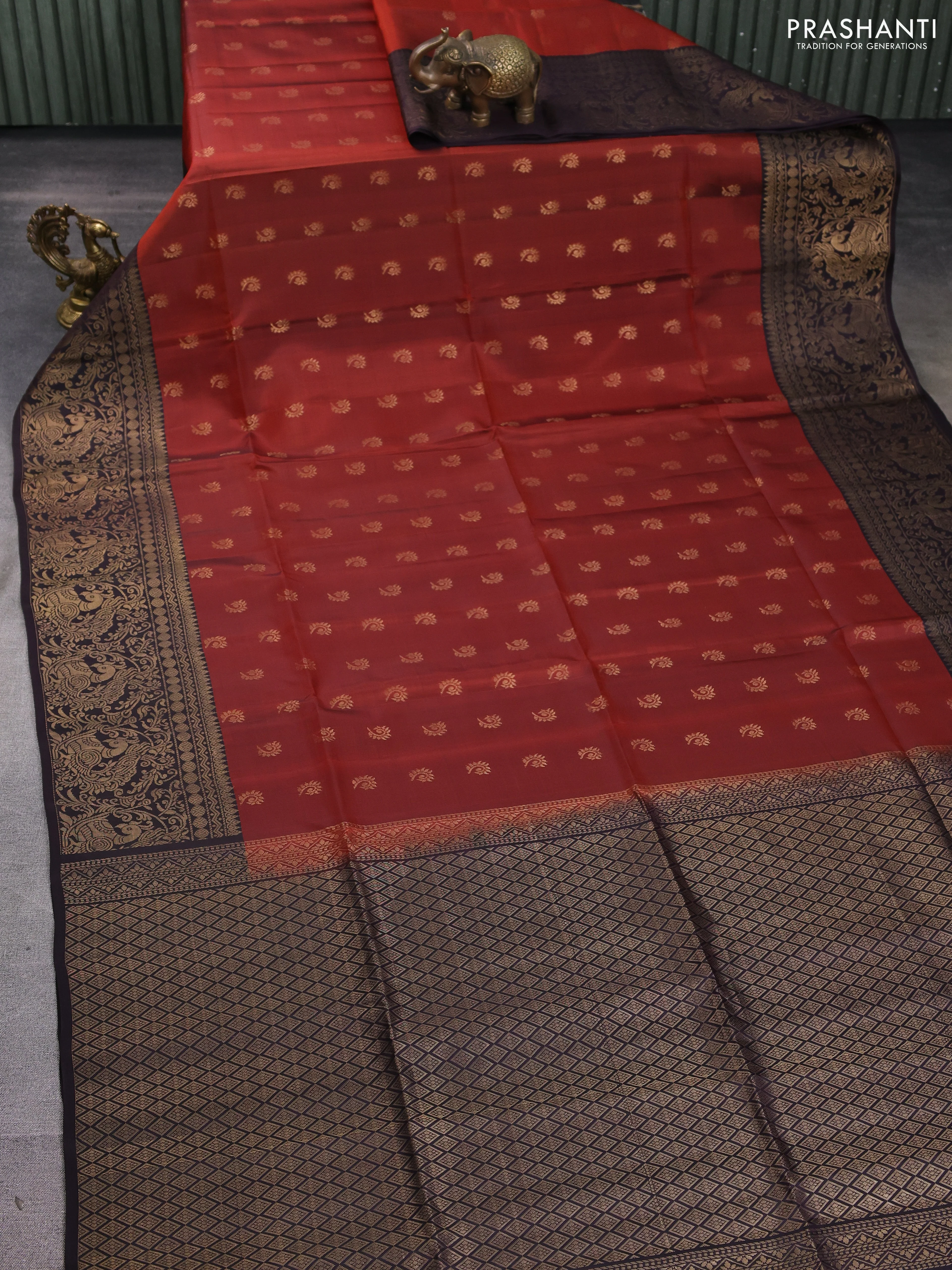Kanchipuram soft silk saree rustic shade and coffee brown with allover zari woven buttas and long zari woven border - Image 2
