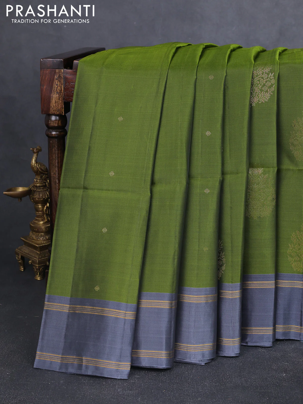 Kanchipuram soft silk saree sap green and grey with zari woven buttas and rettapet zari woven border