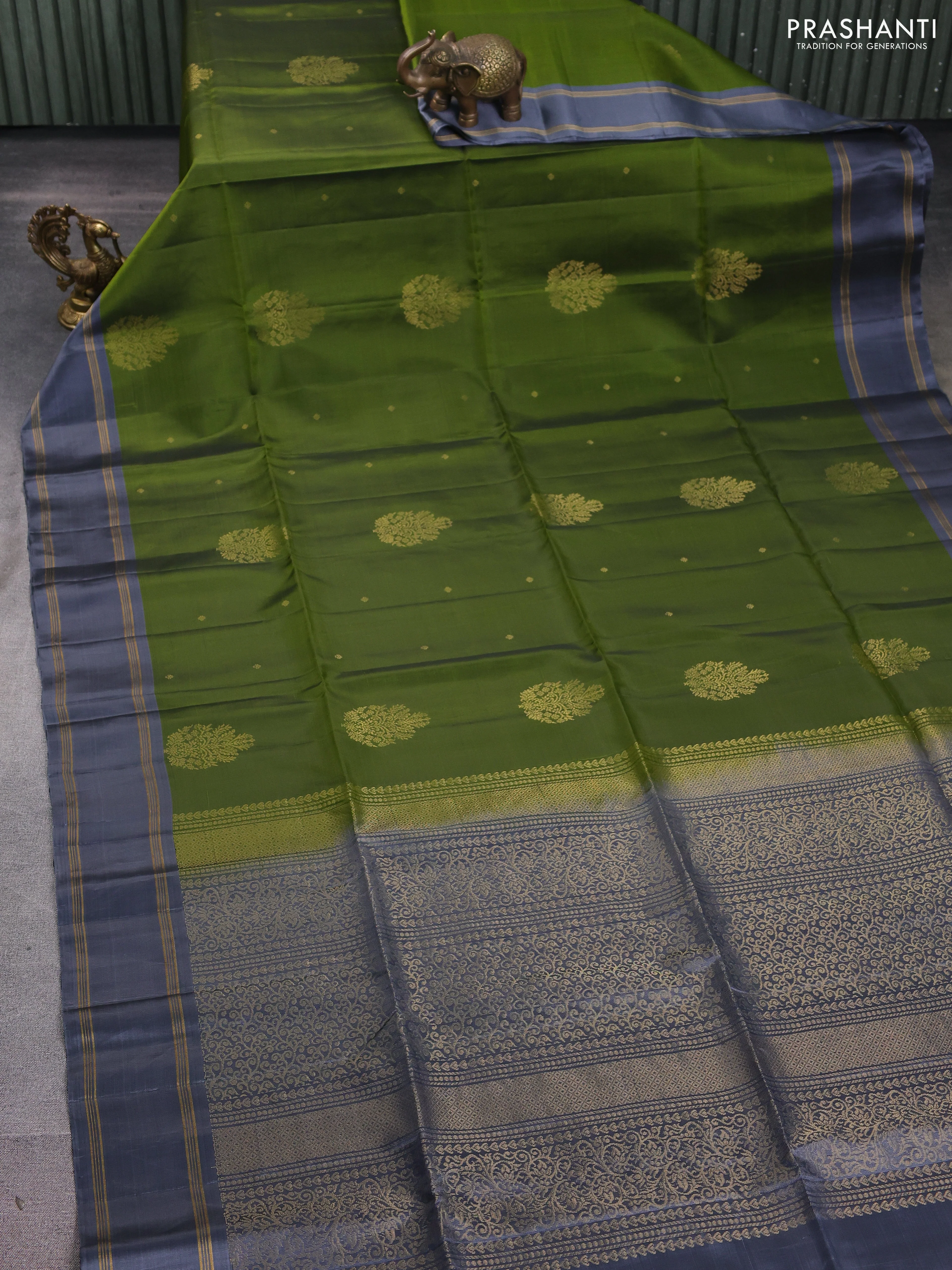 Kanchipuram soft silk saree sap green and grey with zari woven buttas and rettapet zari woven border - Image 2